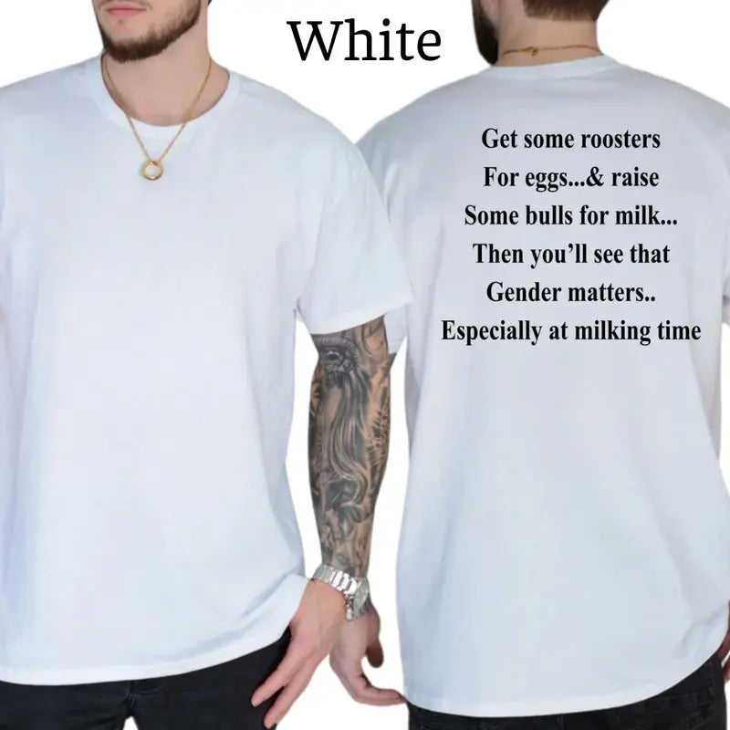 "Get Roosters and Bull to See Gender" Funny T-Shirt – Sarcastic Farmyard Humor Men's Unisex Graphic Tee