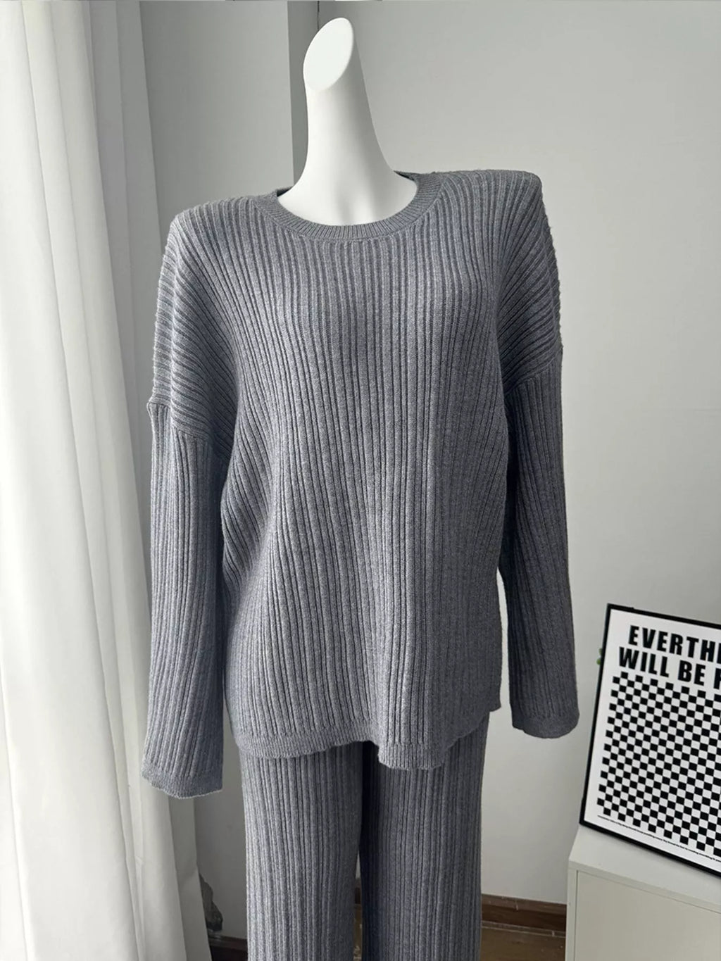 3-Piece Crew Neck Ribbed Sweater and Wide-Leg Pants Set with Scarf