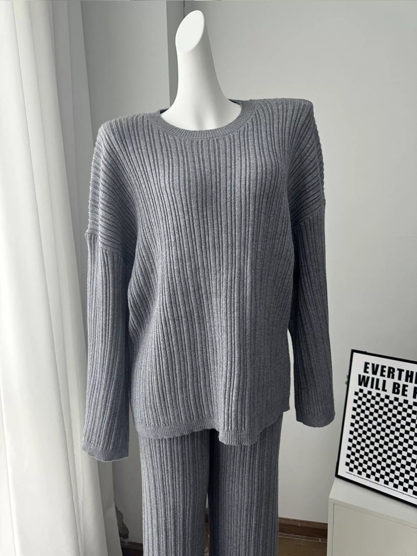 3-Piece Crew Neck Ribbed Sweater and Wide-Leg Pants Set with Scarf