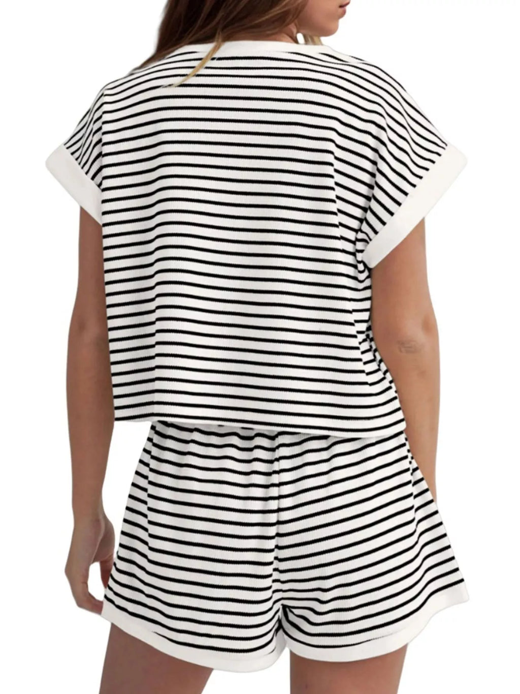 Full Size Striped Round Neck Top and Shorts Set Plus Size