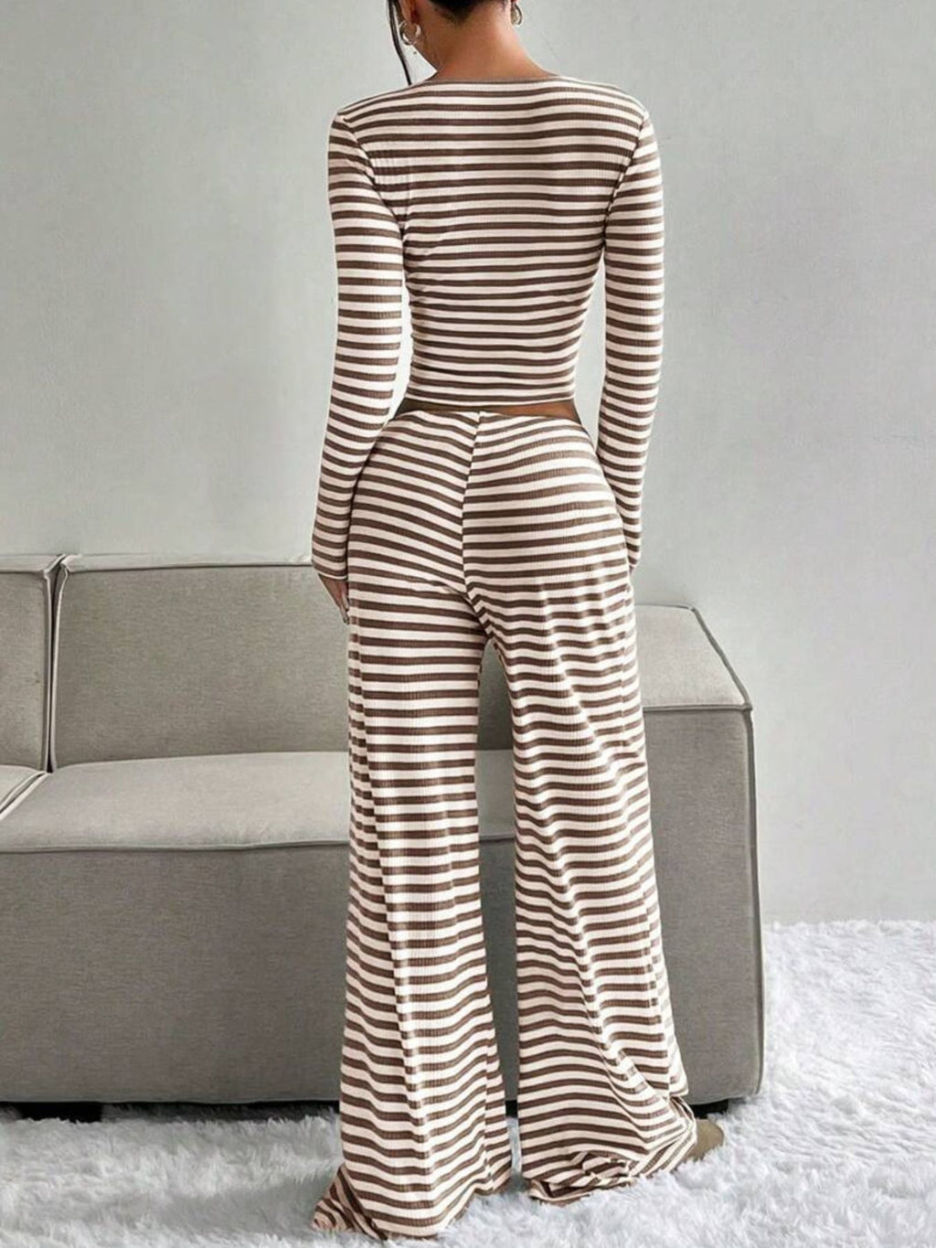 Striped Long Sleeve Crop Top & Wide Leg Pants Set