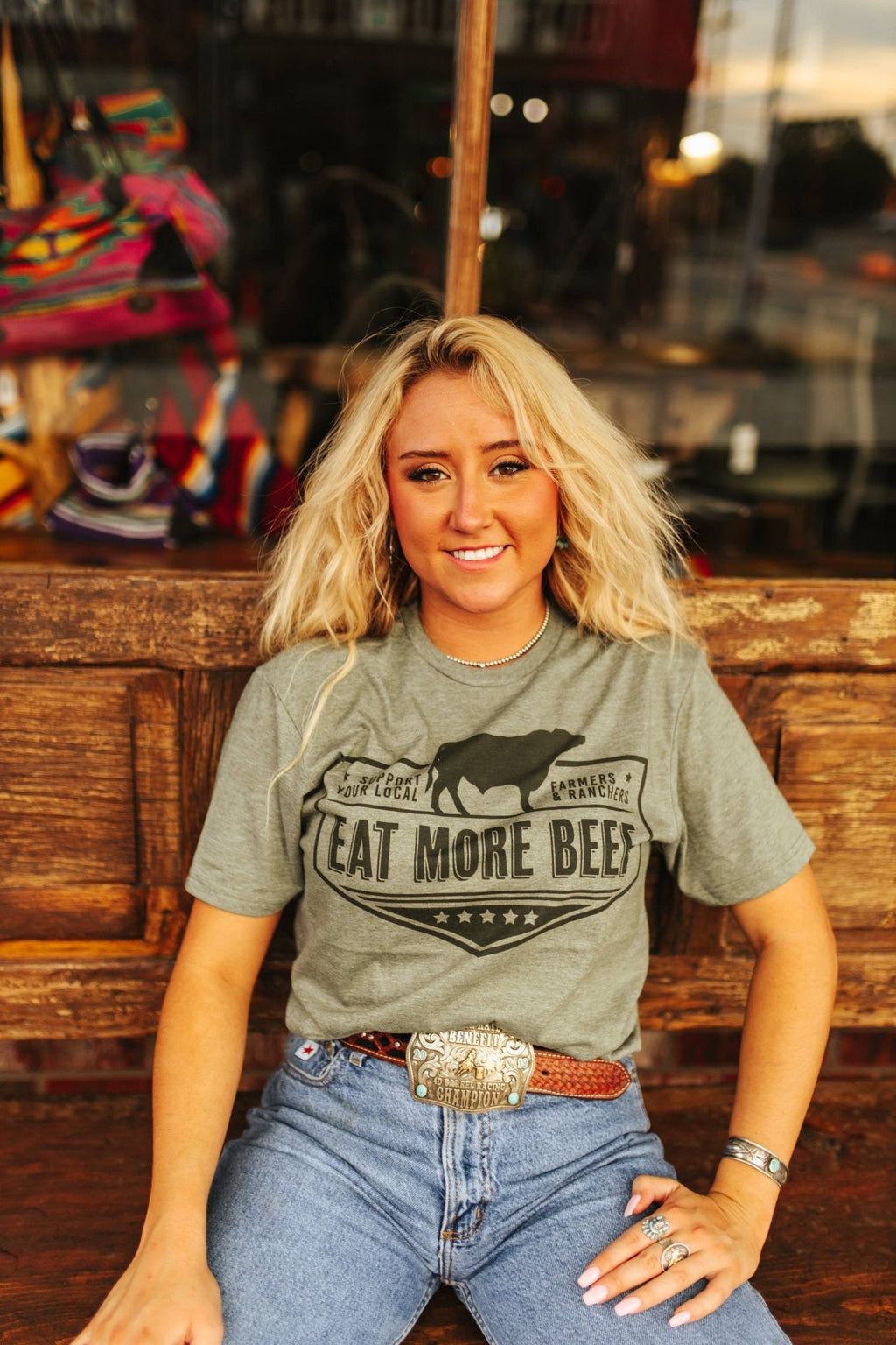 Wild Junkie Farmers & Ranchers Eat More Beef Graphic Tee — side view