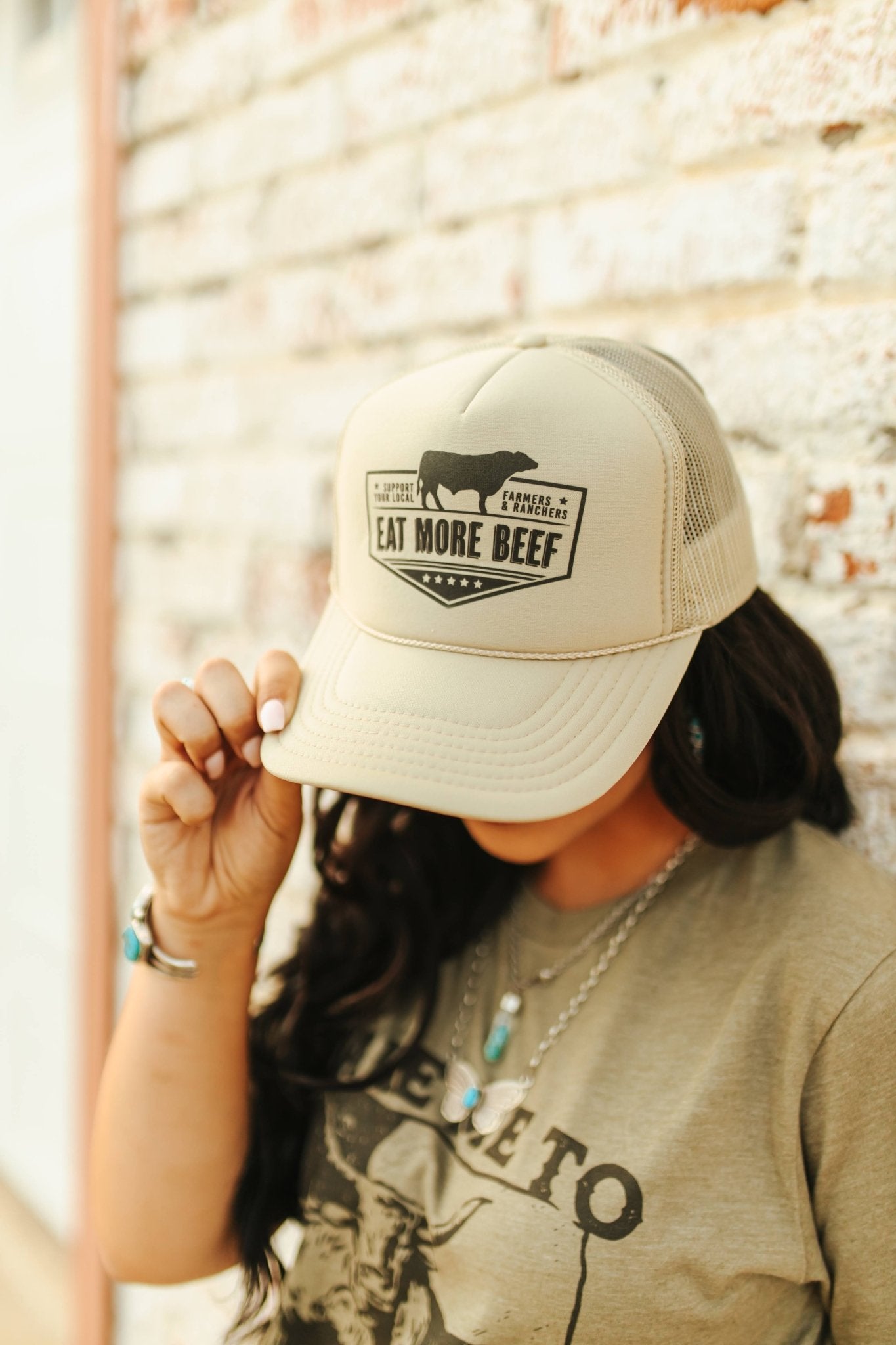 Wild Junkie Farmers & Ranchers Eat More Beef Trucker Hat — lifestyle context