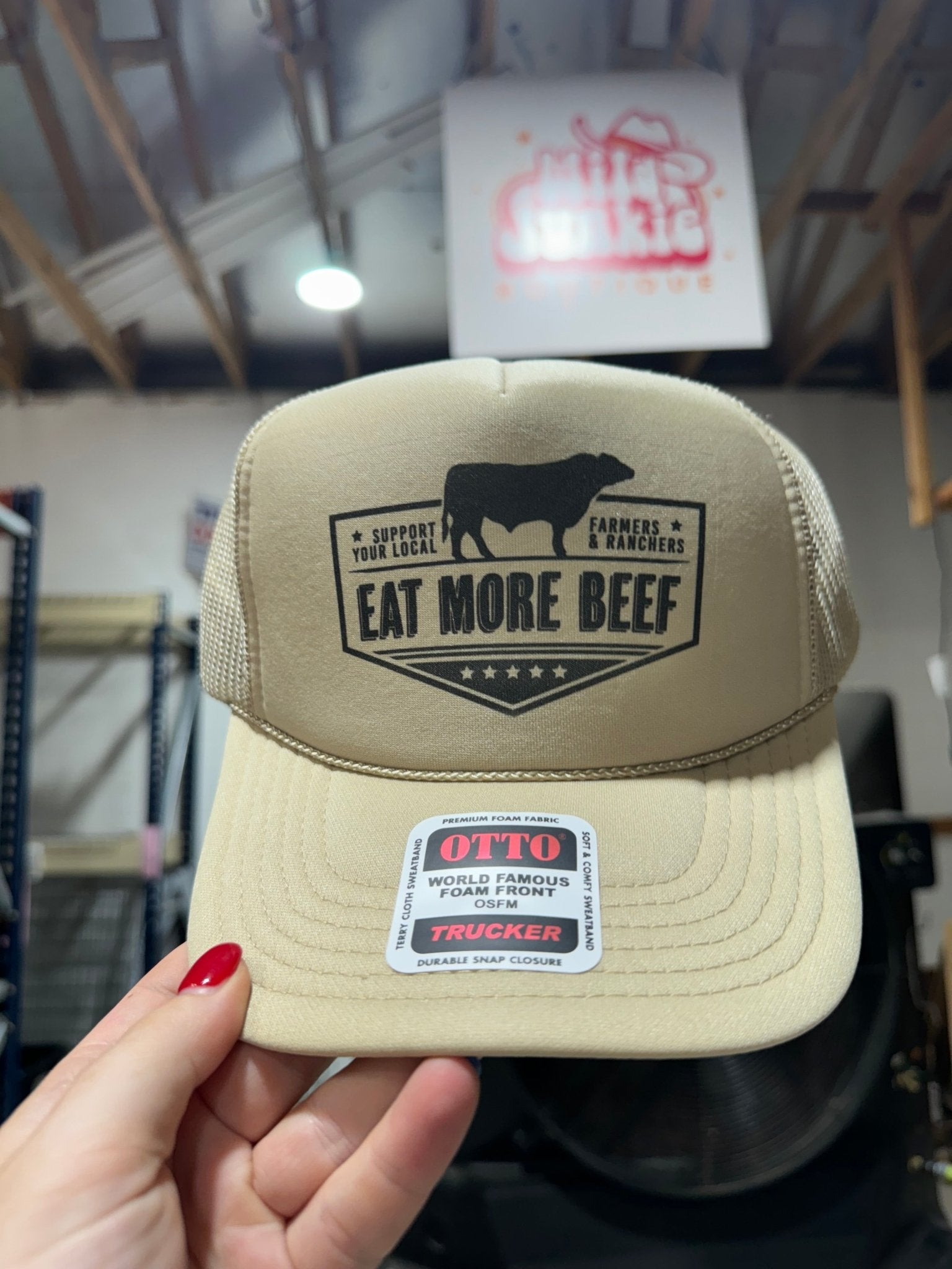 Wild Junkie Farmers & Ranchers Eat More Beef Trucker Hat — detail close-up