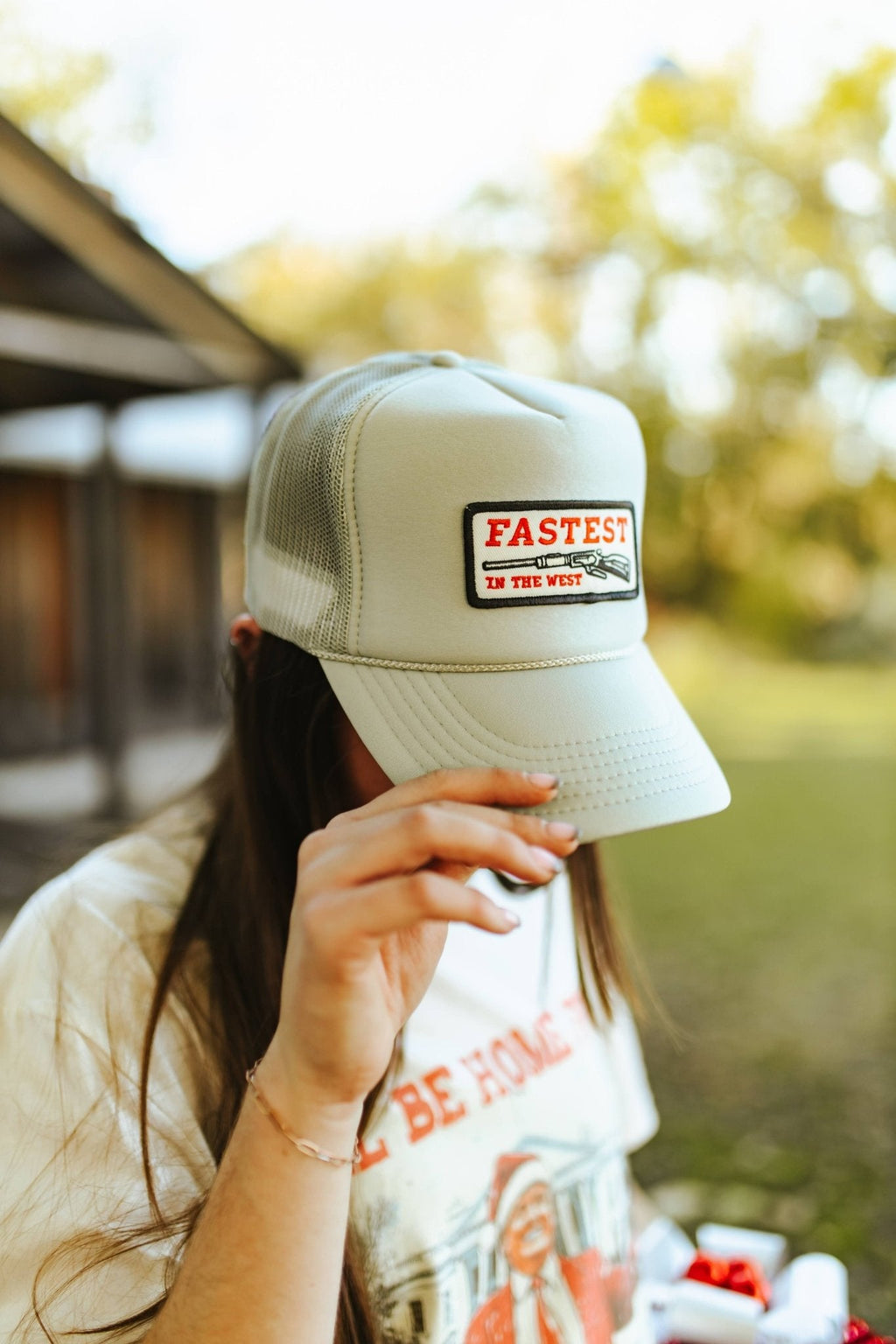 Wild Junkie Fastest in the West Patch Trucker Hat — detail close-up