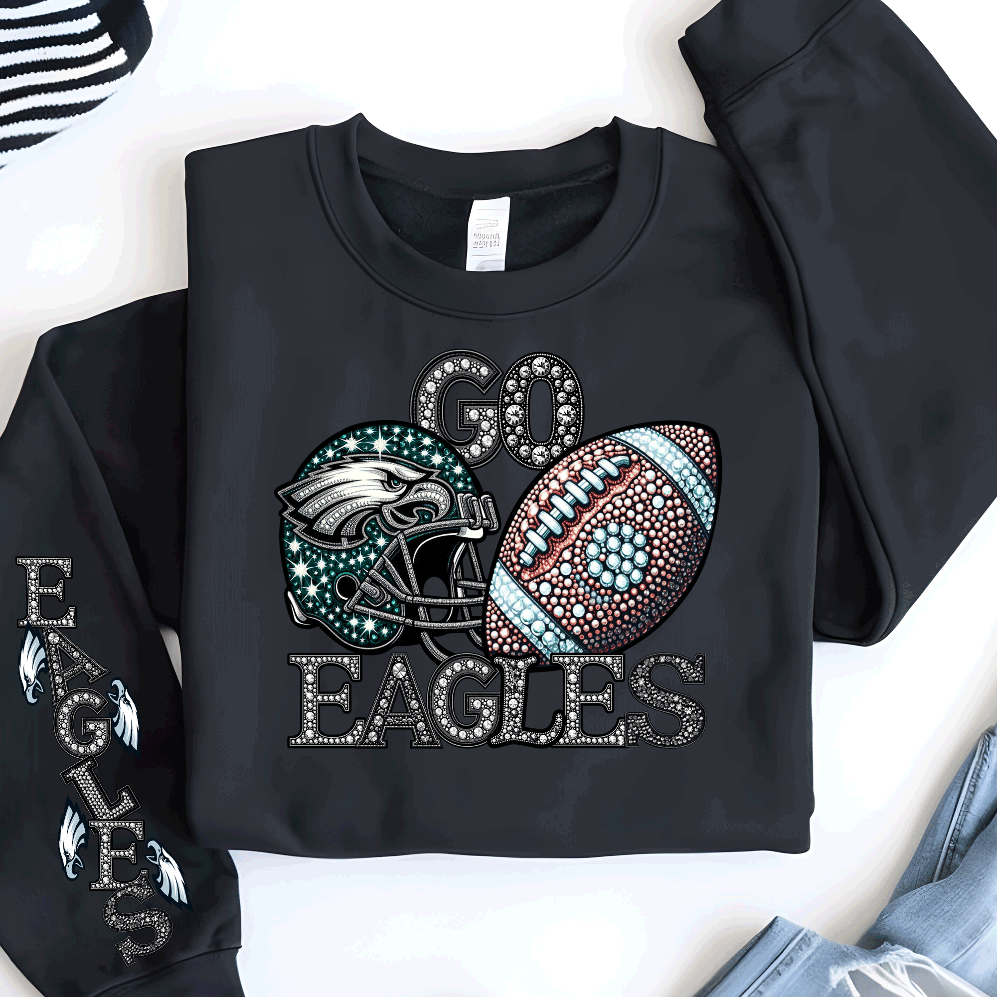 A Blessed Texas Mess Boutique Faux Glitter Philadelphia Football Sweatshirt, Philly T-shirt And Hoodie,… — A Blessed Texas Mess Boutique branding close-up