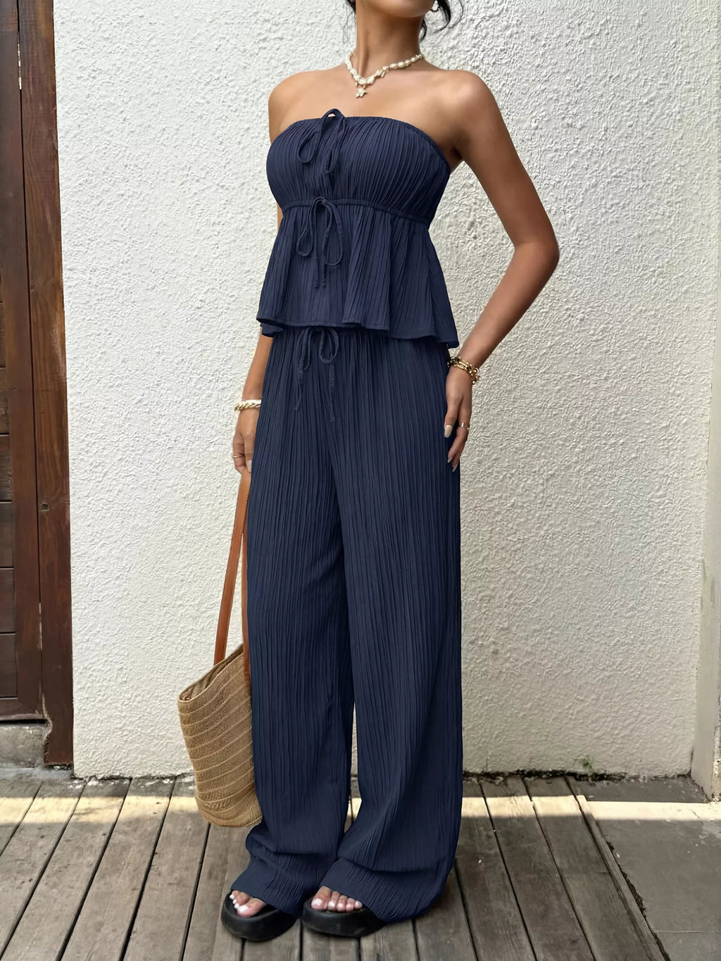 Textured Tube Top & Wide Leg Pants Set