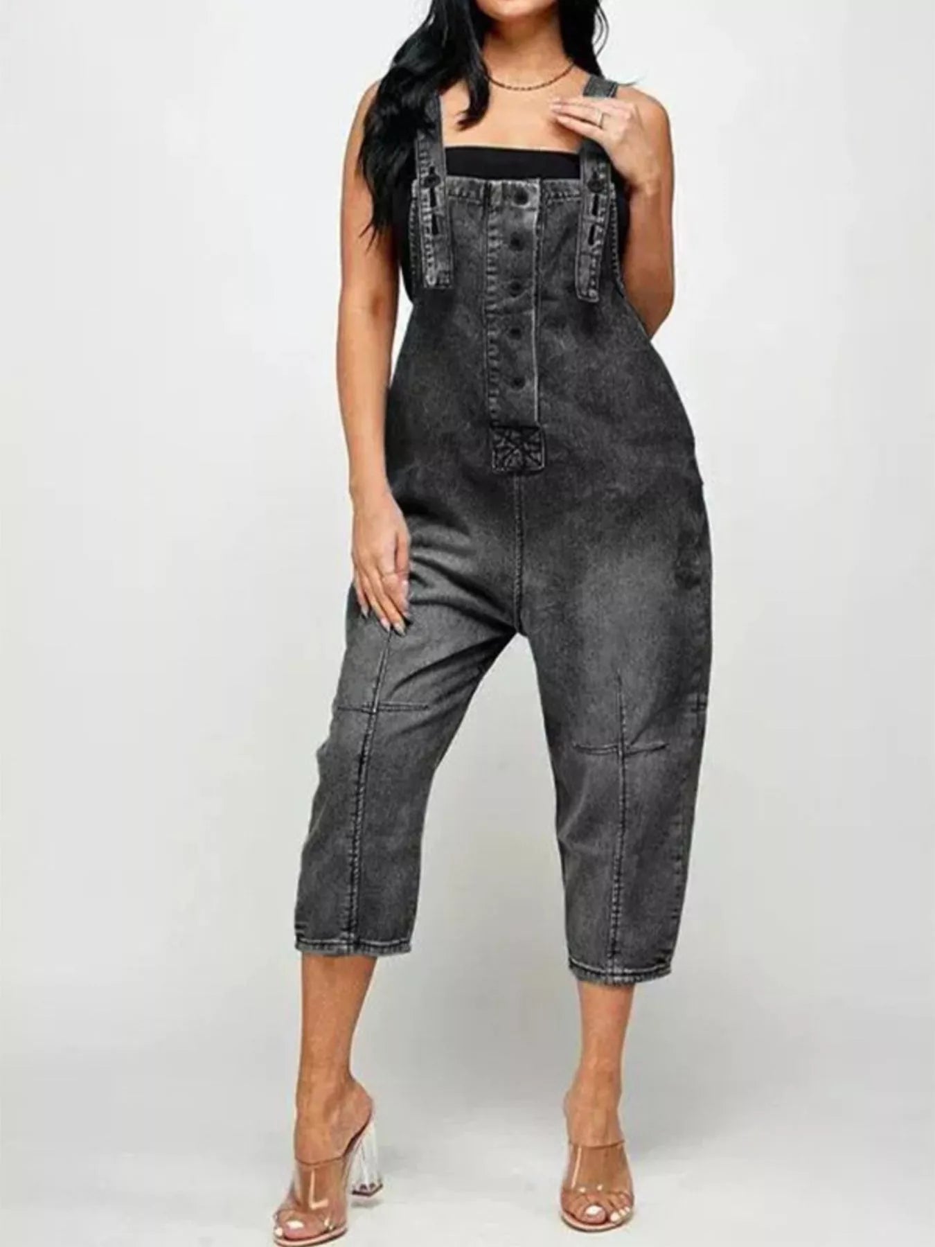 Full Size Button Front Denim Overalls with Pockets Plus Size