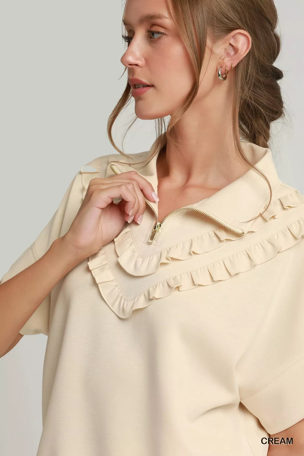 Umgee Ruffle Quarter Zip Short Sleeve Top