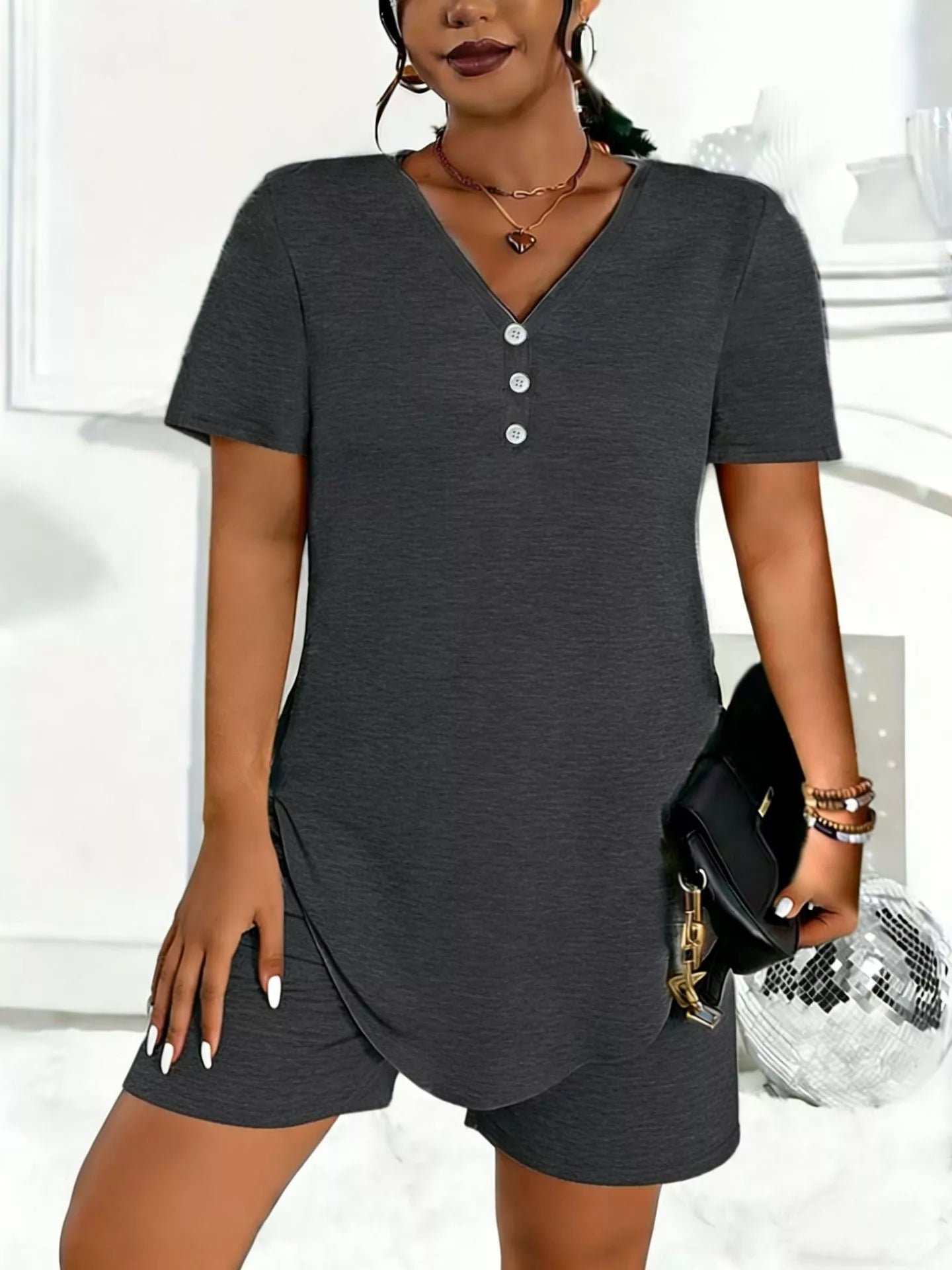 Plus Size V-Neck Short Sleeve Tee and Shorts Set