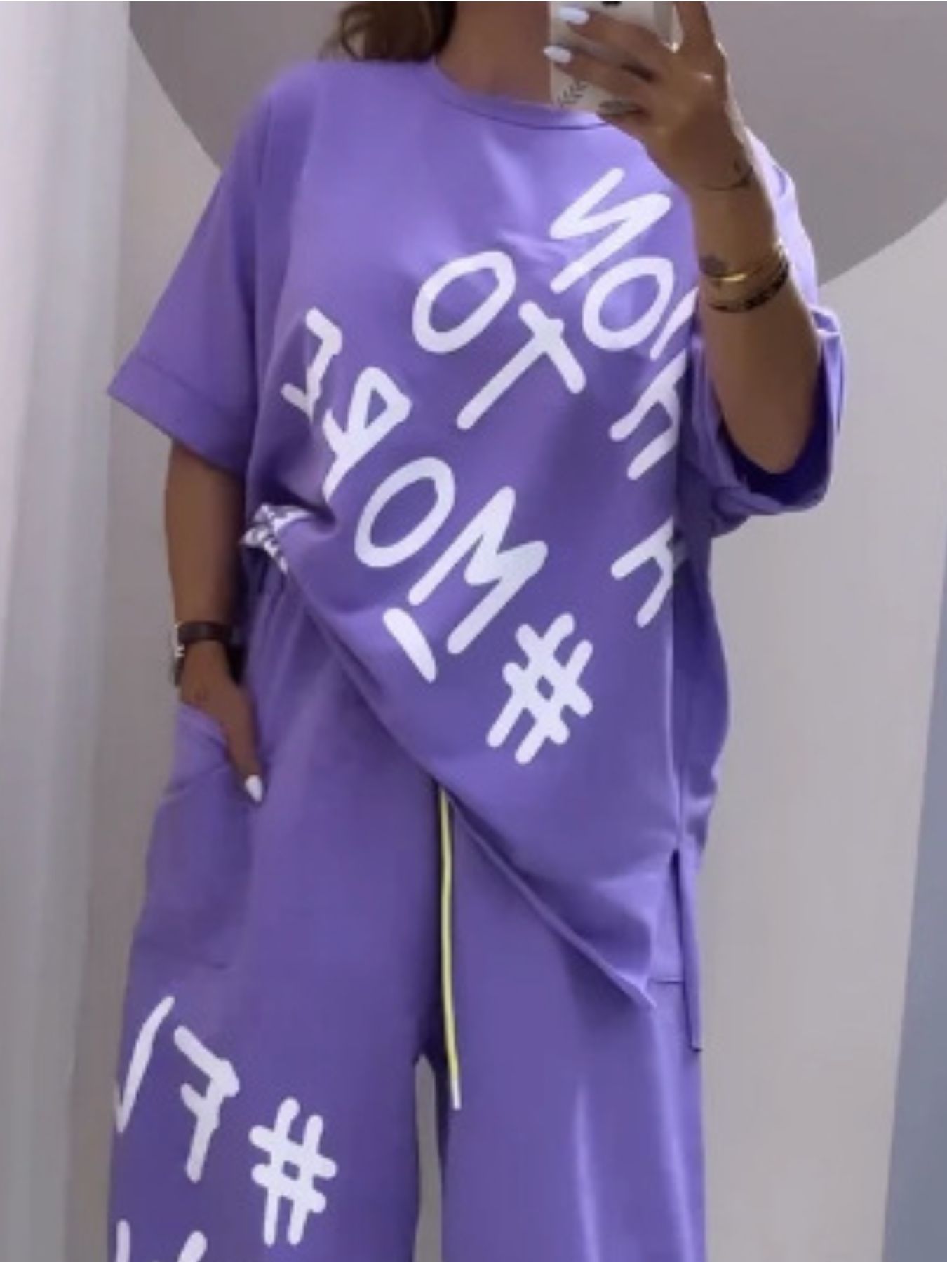 Full Size Letter Round Neck Tee and Drawstring Pants Set Plus Size