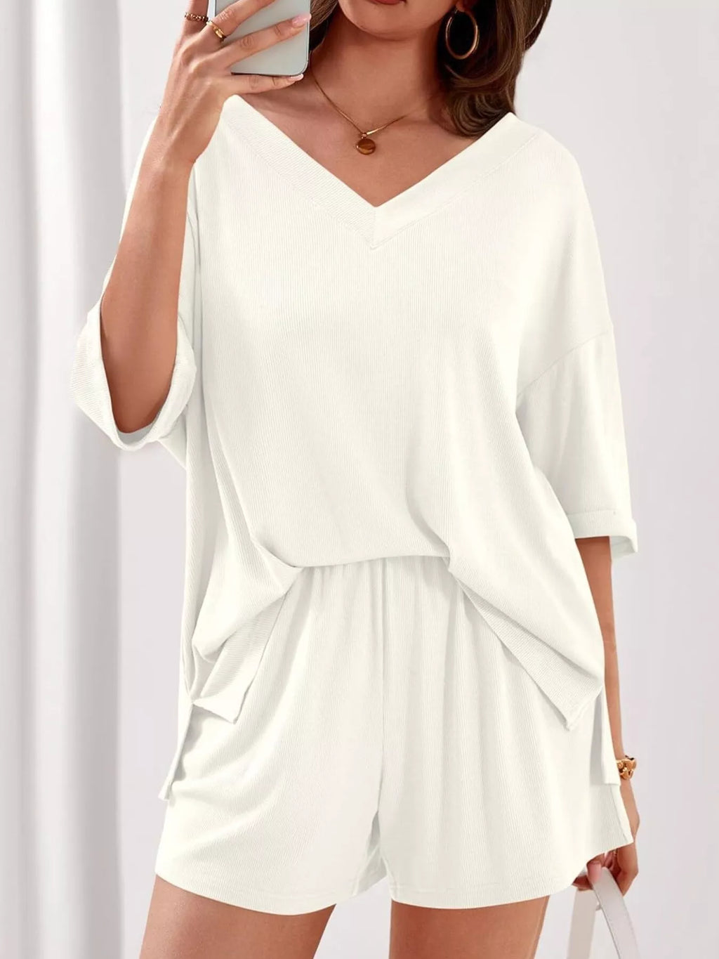 Casual Solid Color V-Neck Top & Shorts Set