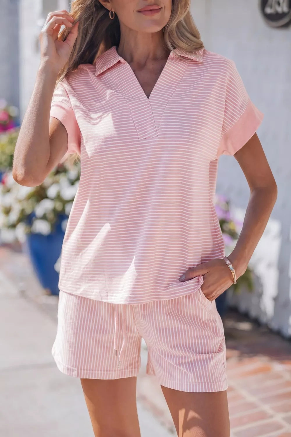 Stripe Dolman Sleeve Polo Shirt and Drawstring Shorts Set