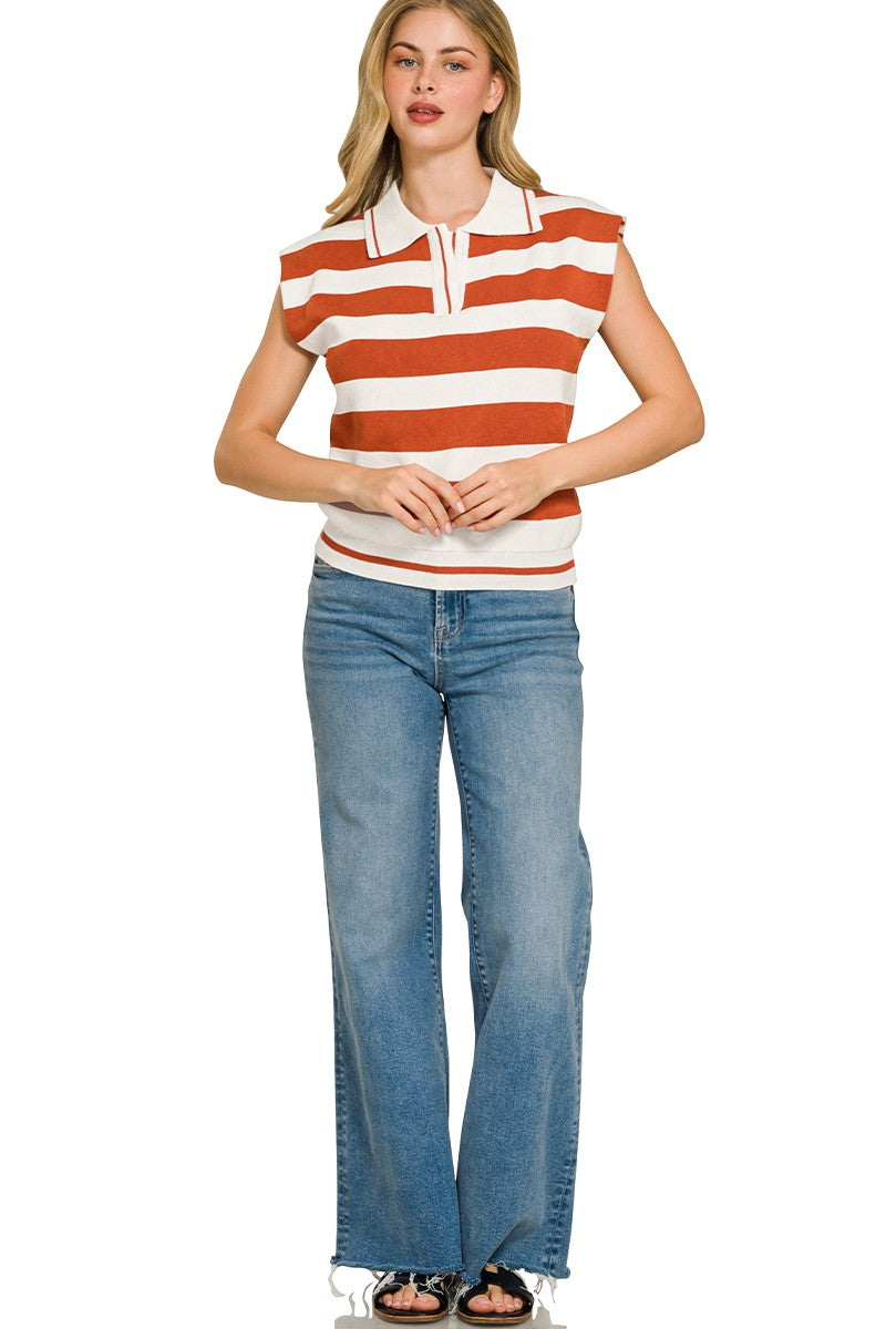 Zenana Viscose Striped Collared Sweater Vest