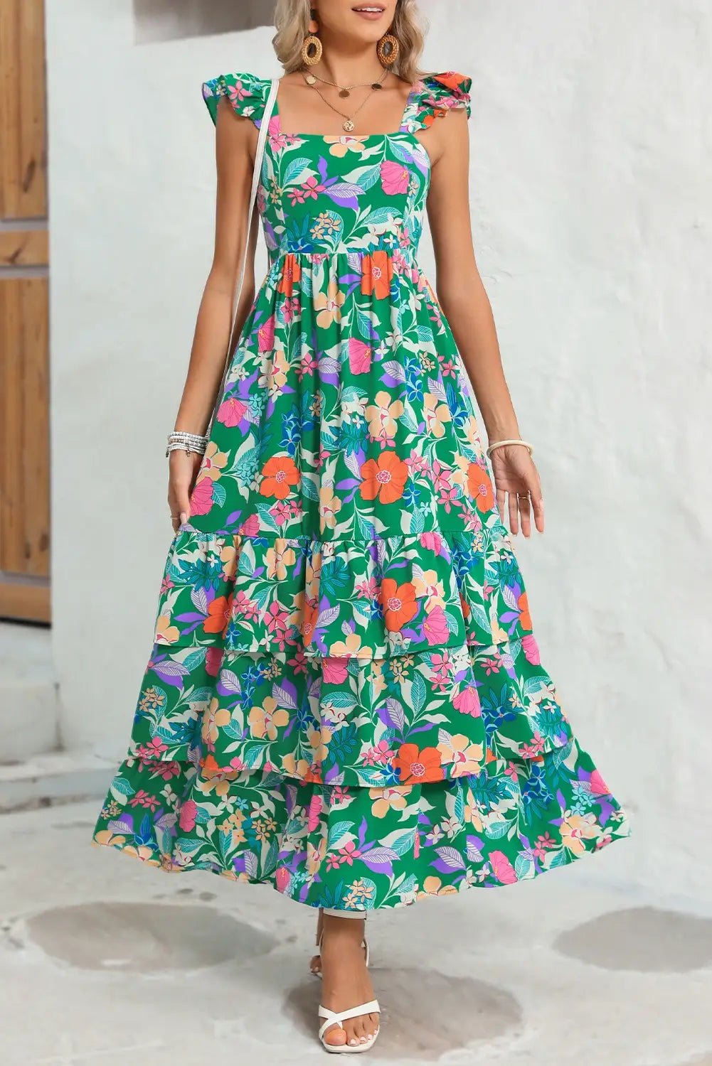Pretty Little Patriot Pretty Little Patriot Floral Ruffle Green Tiered Maxi Dress — Green detail