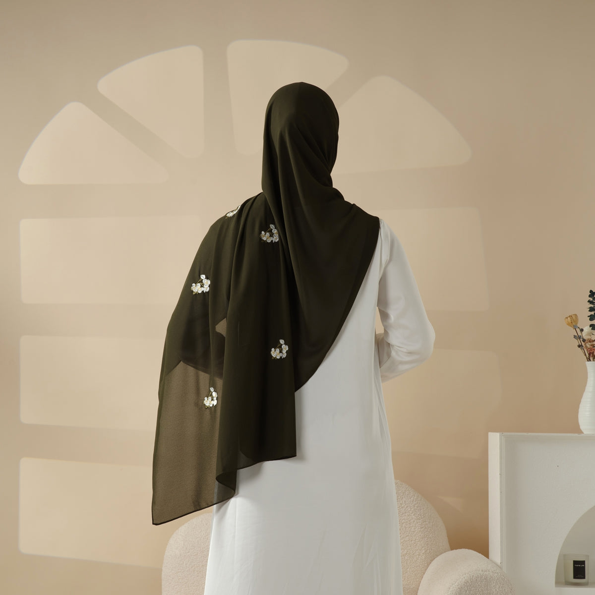 Mariam's Collection Plain Chiffon Shawl Hijab With Embroidery, Extra-Fine Embroidered Hijab (MH077) — Mariam's Collection branding close-up