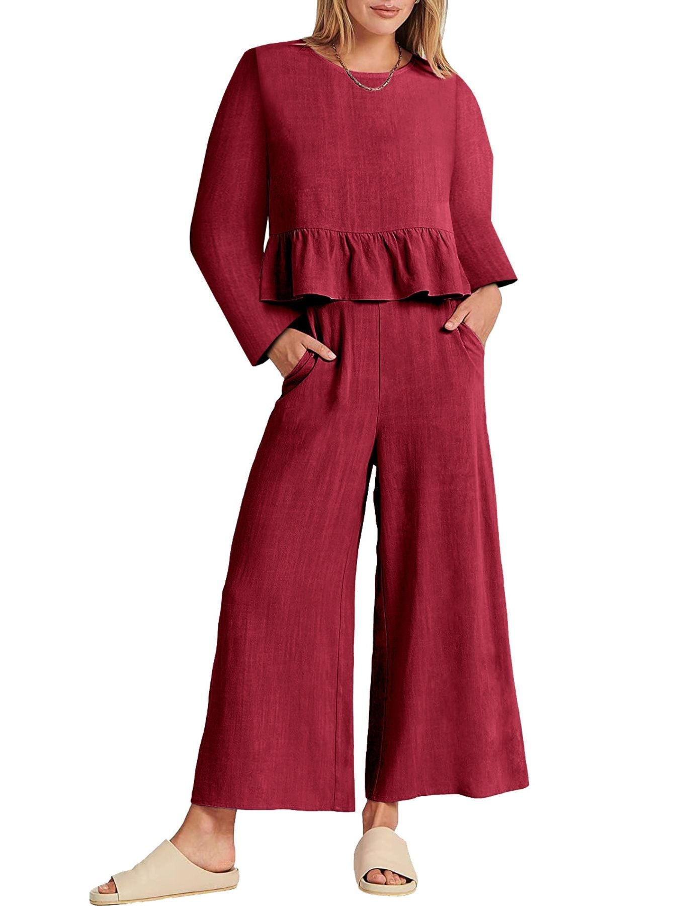 Full Size Ruffled Hem Long Sleeve Top and Pants Set Plus Size