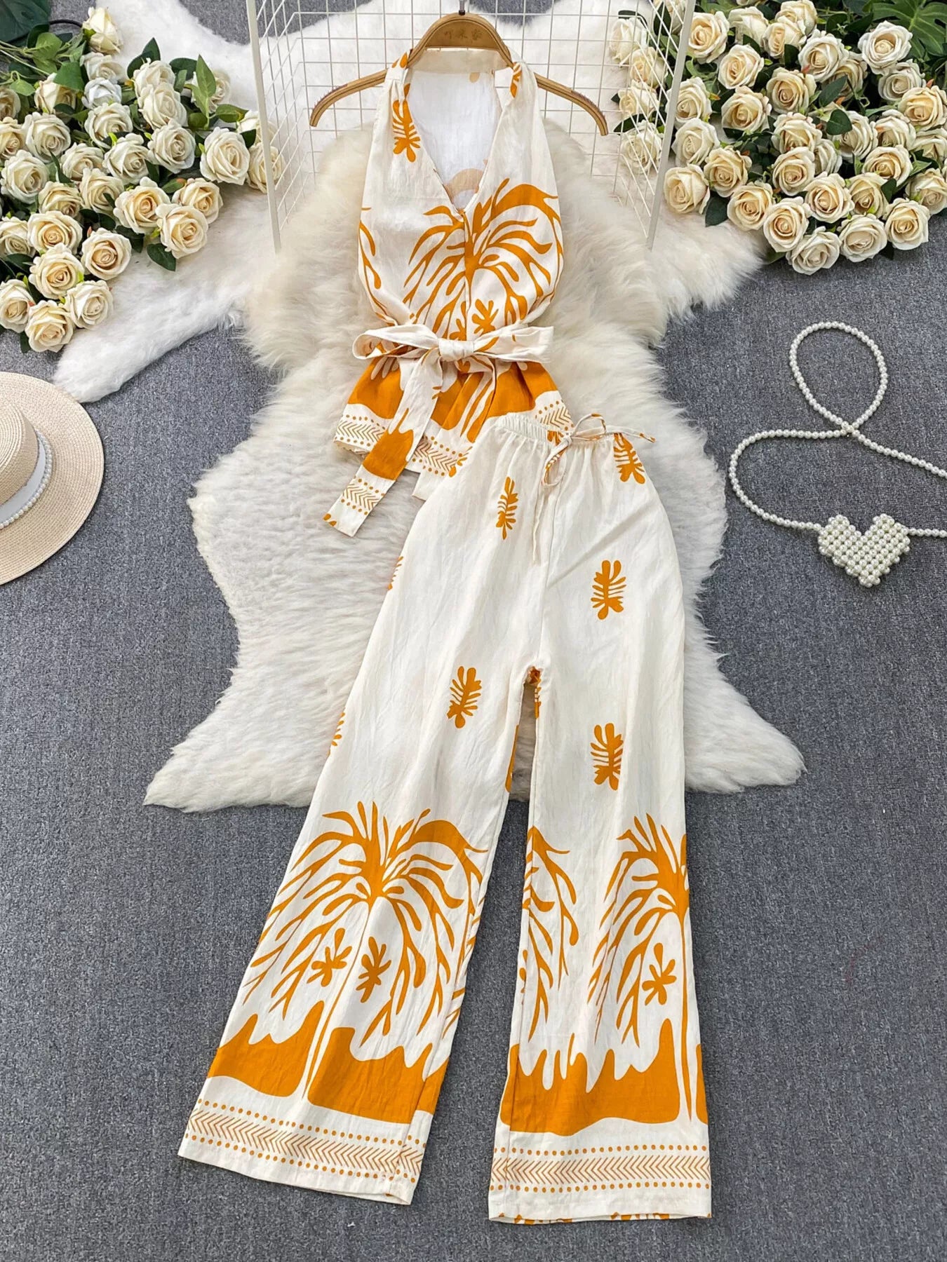 Printed Sleeveless Top and Wide Leg Pants Set