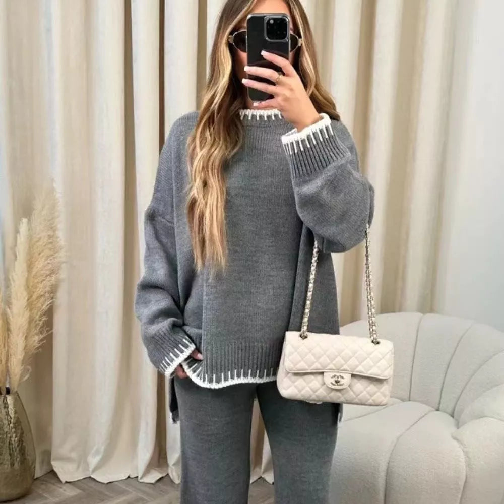 Contrast Trim Round Neck Top and Pants Sweater Set