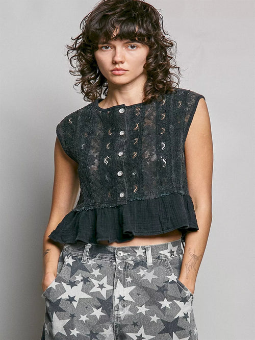 POL Round Neck Lace Sleeveless Top with Double Gauze Ruffle by SITRA