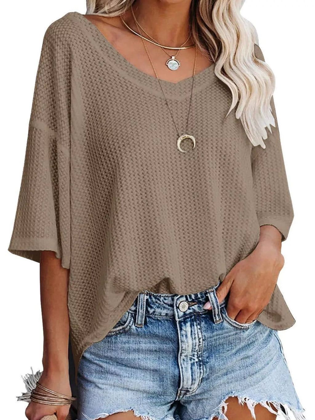 Waffle Knit V-Neck Short Sleeve T-Shirt