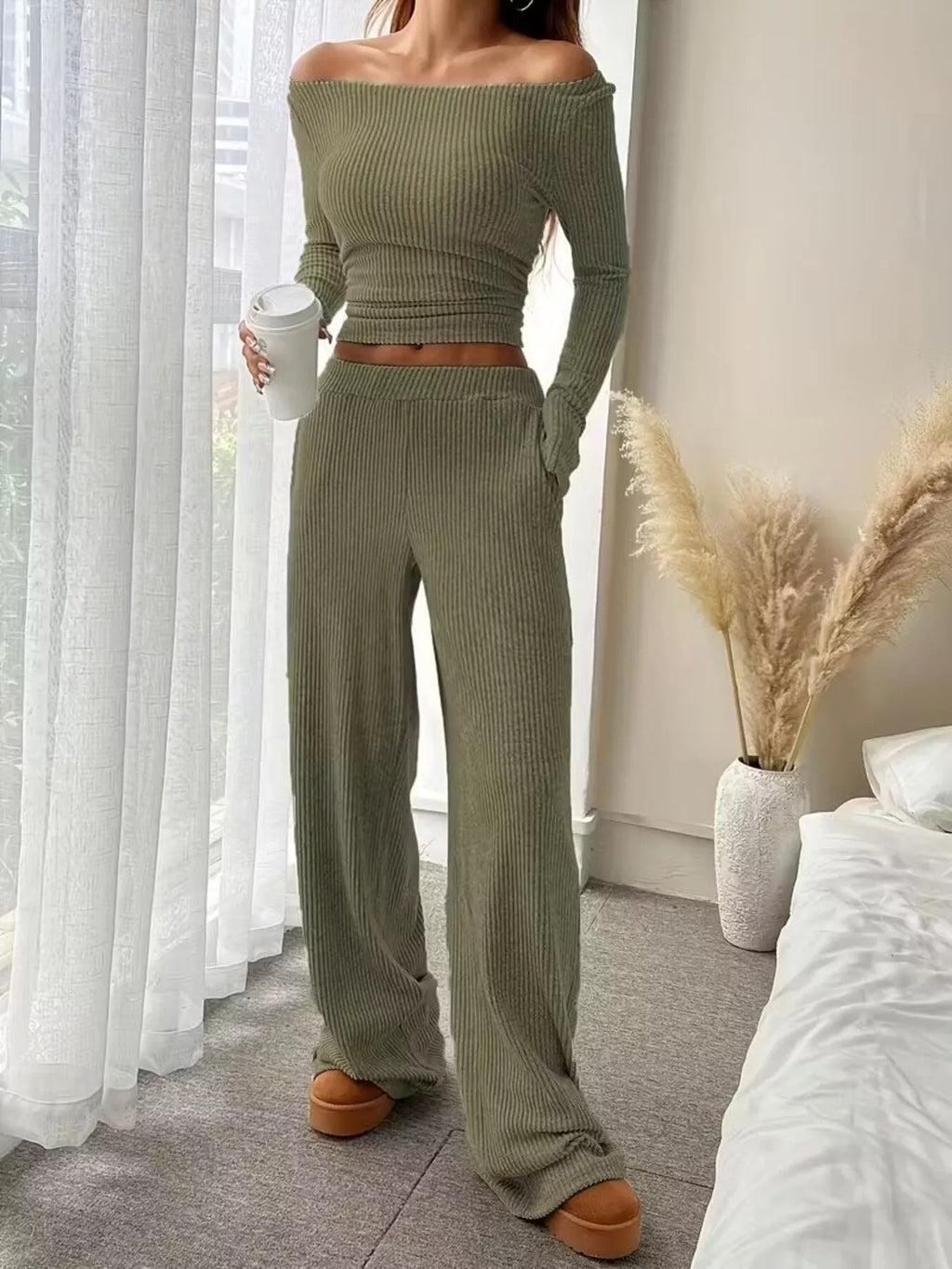 Ribbed Knit Boat Neck Top and Pants Set