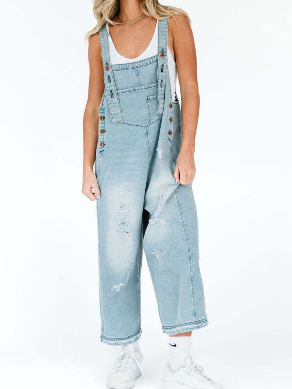 Distressed Wide Leg Denim Overalls
