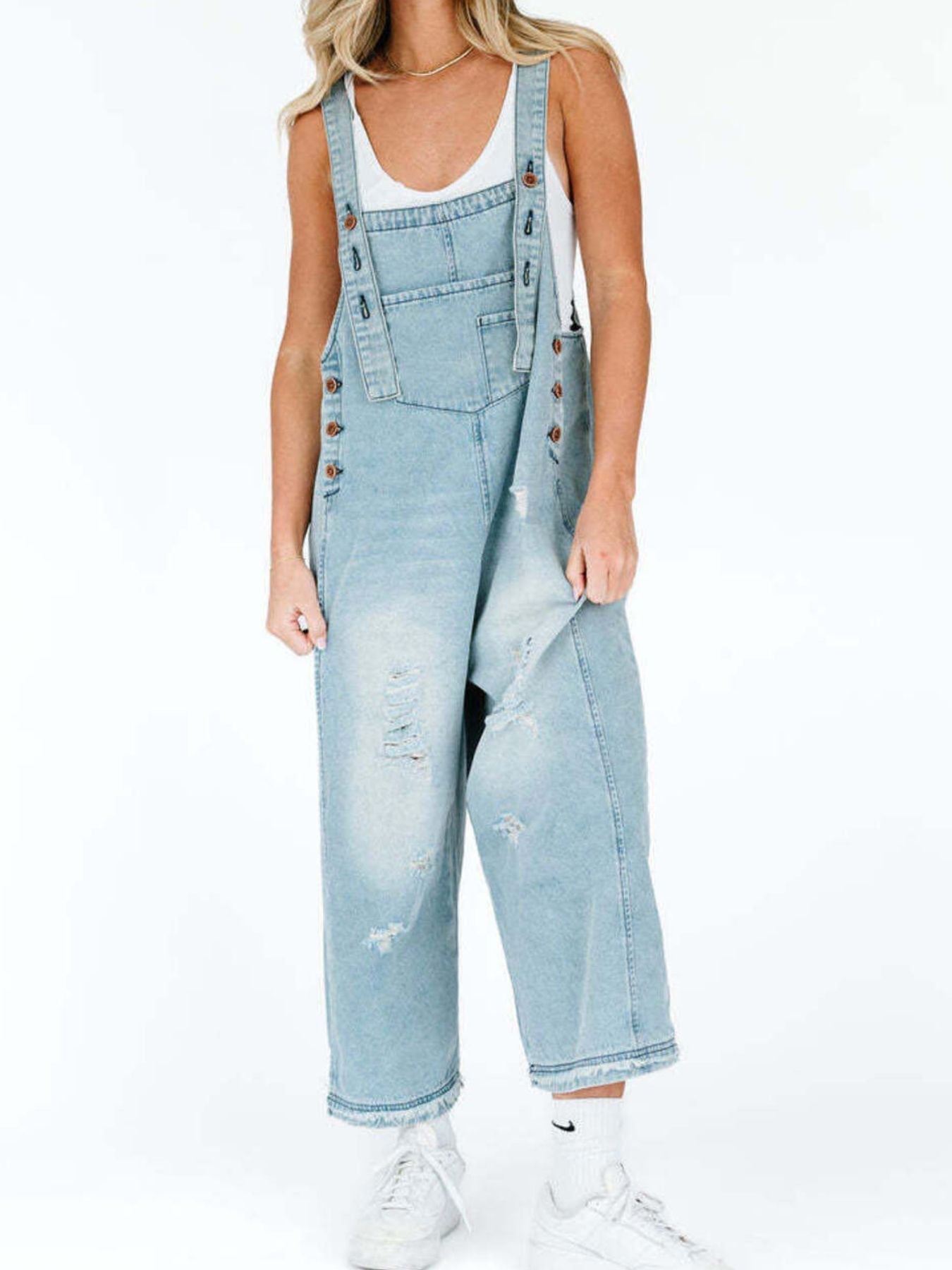 Distressed Wide Leg Denim Overalls