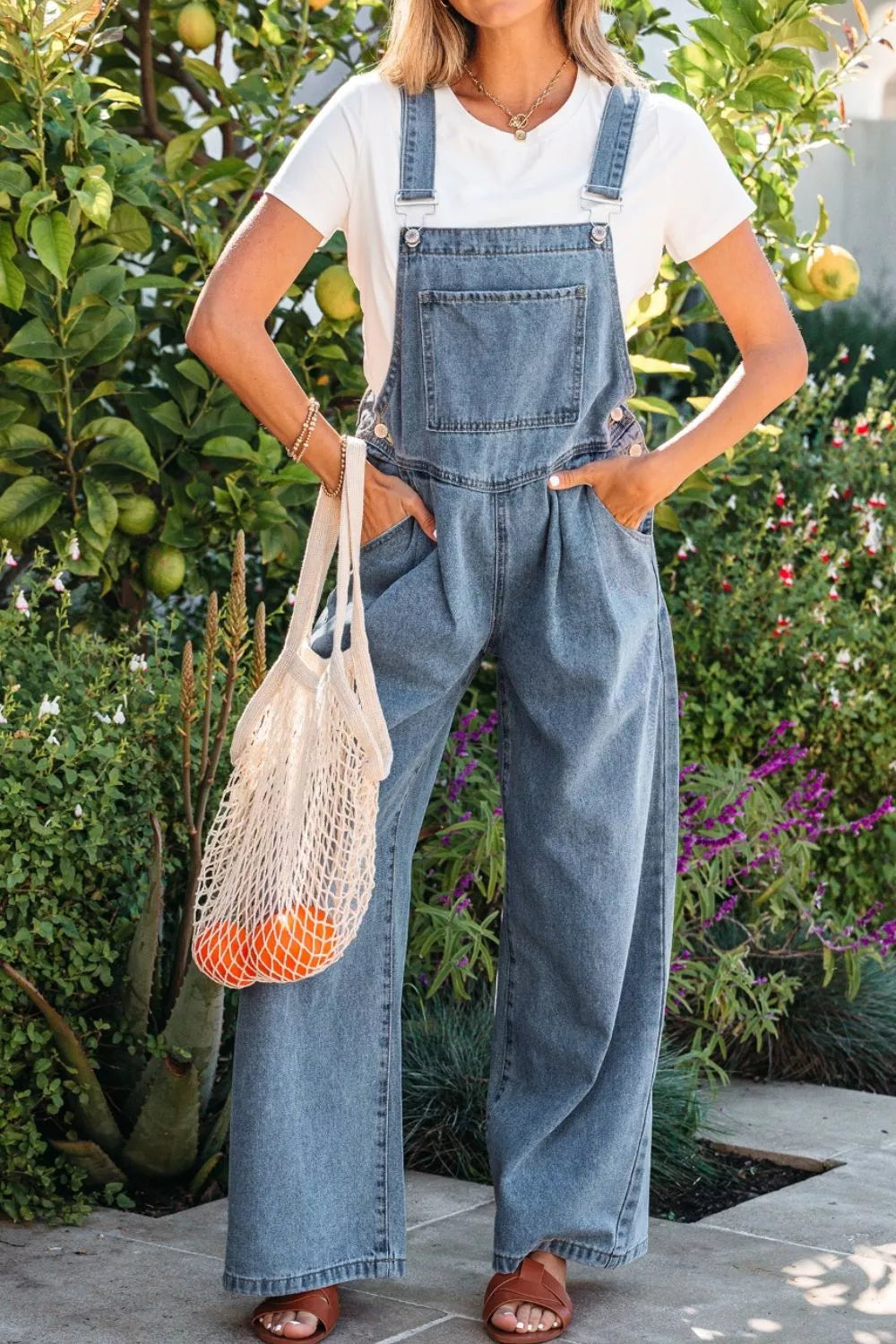 Pleated Wide Leg Retro Pocketed Denim Jumpsuit