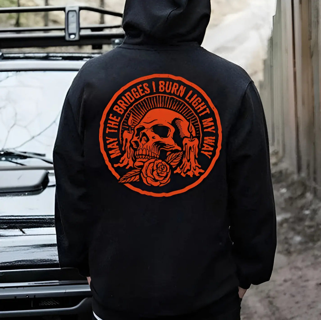 Pasimax "May the Bridges I Burn Light My Way" Skull Print Hoodie – Men's Bold Statement Pullover, Edgy Streetwear — detail cl