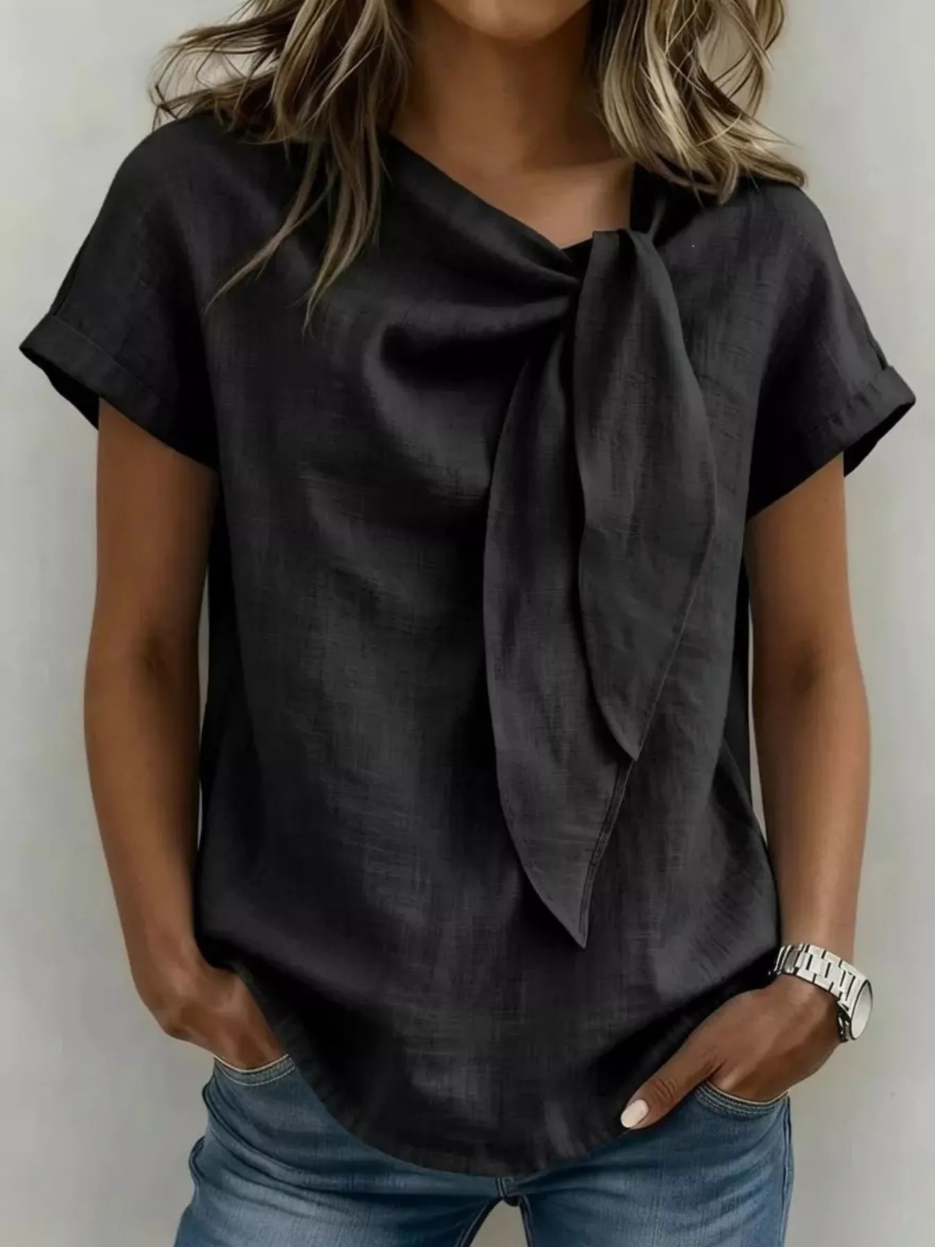 Full Size Bow Tie Neck Short Sleeve Blouse Plus Size
