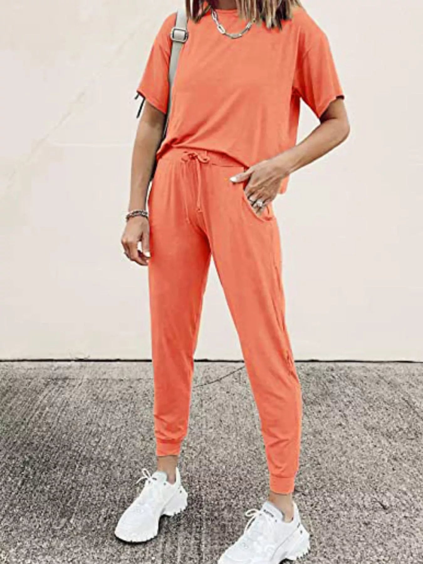 Full Size Round Neck Top and Drawstring Pants Set Plus Size