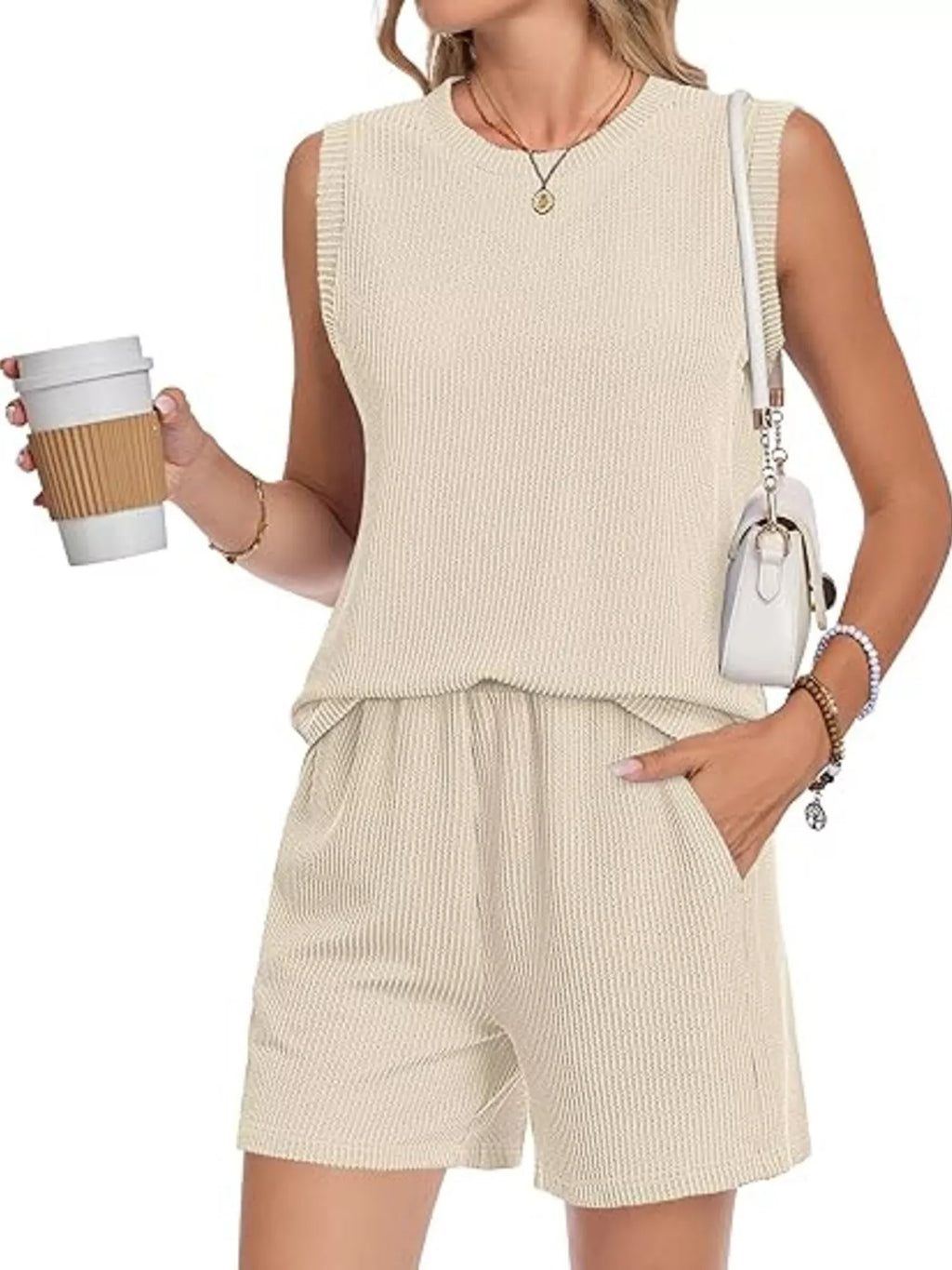 Casual Ribbed Knit Sleeveless Top and Shorts Set
