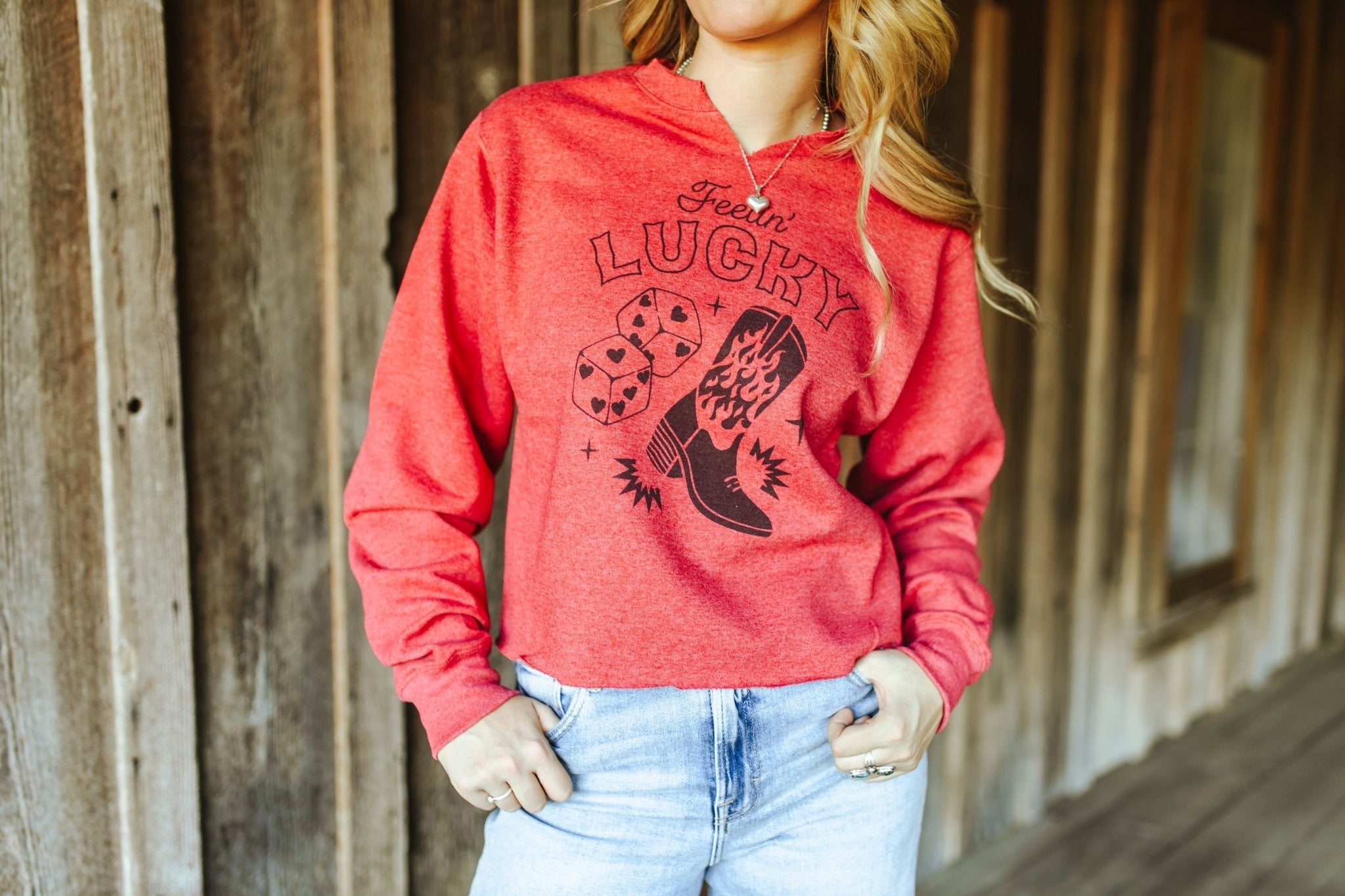 Wild Junkie Feelin' Lucky Raw Hem V-Neck Crop Graphic Sweatshirt — lifestyle context