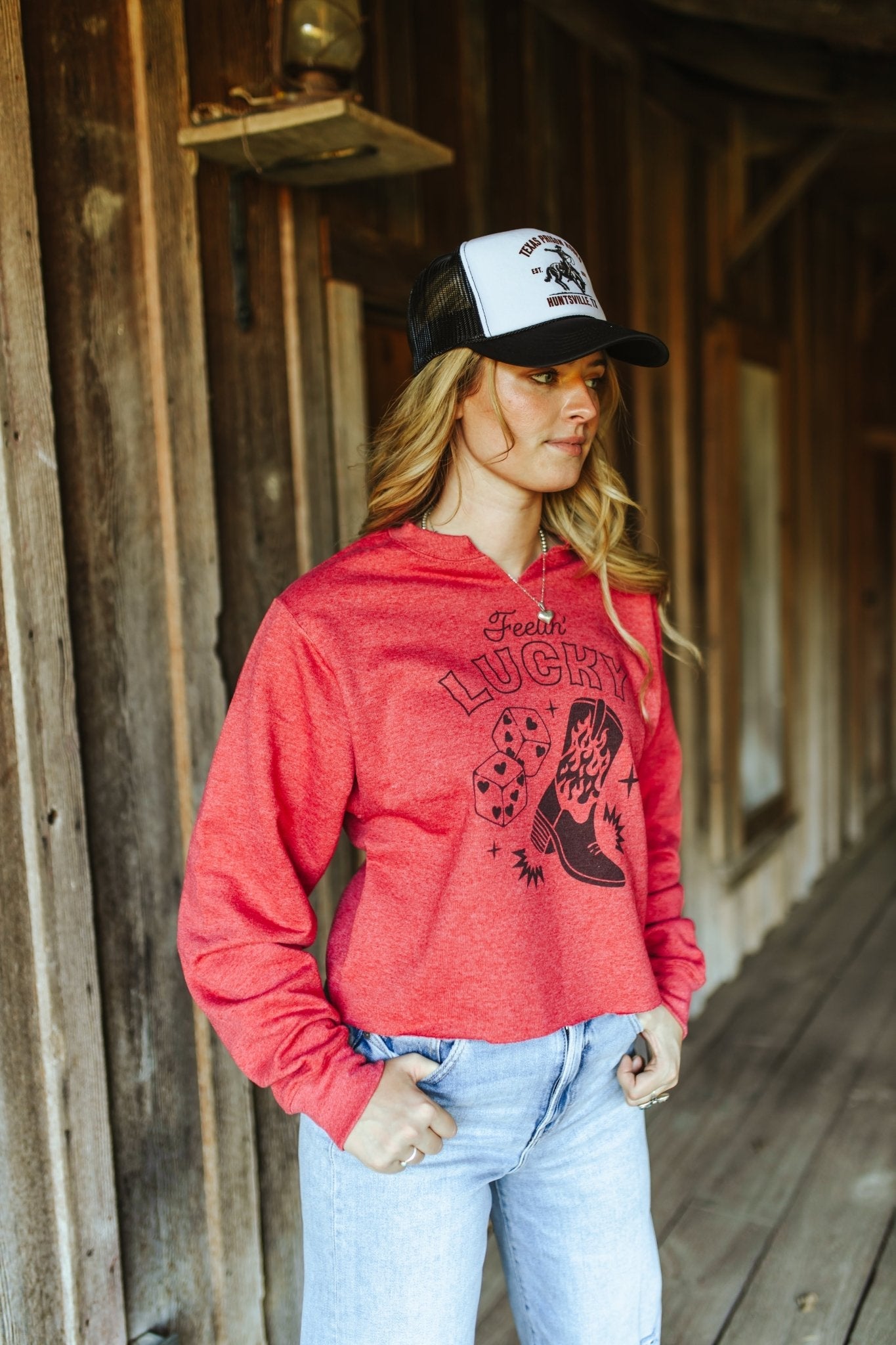 Wild Junkie Feelin' Lucky Raw Hem V-Neck Crop Graphic Sweatshirt — side view