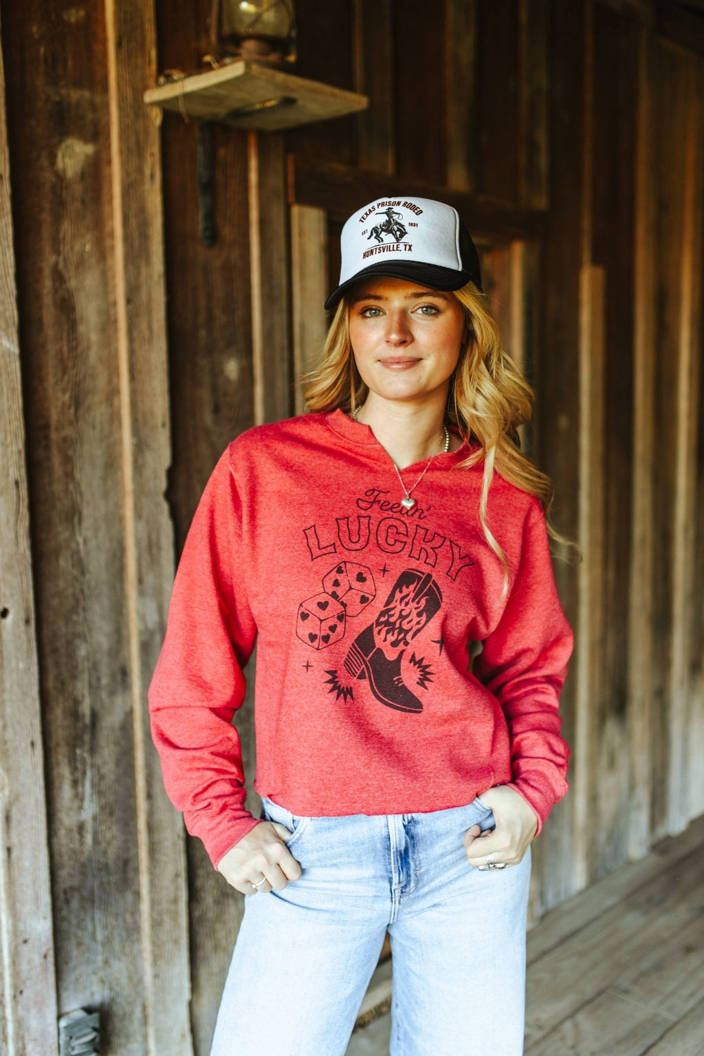 Wild Junkie Feelin' Lucky Raw Hem V-Neck Crop Graphic Sweatshirt — detail close-up