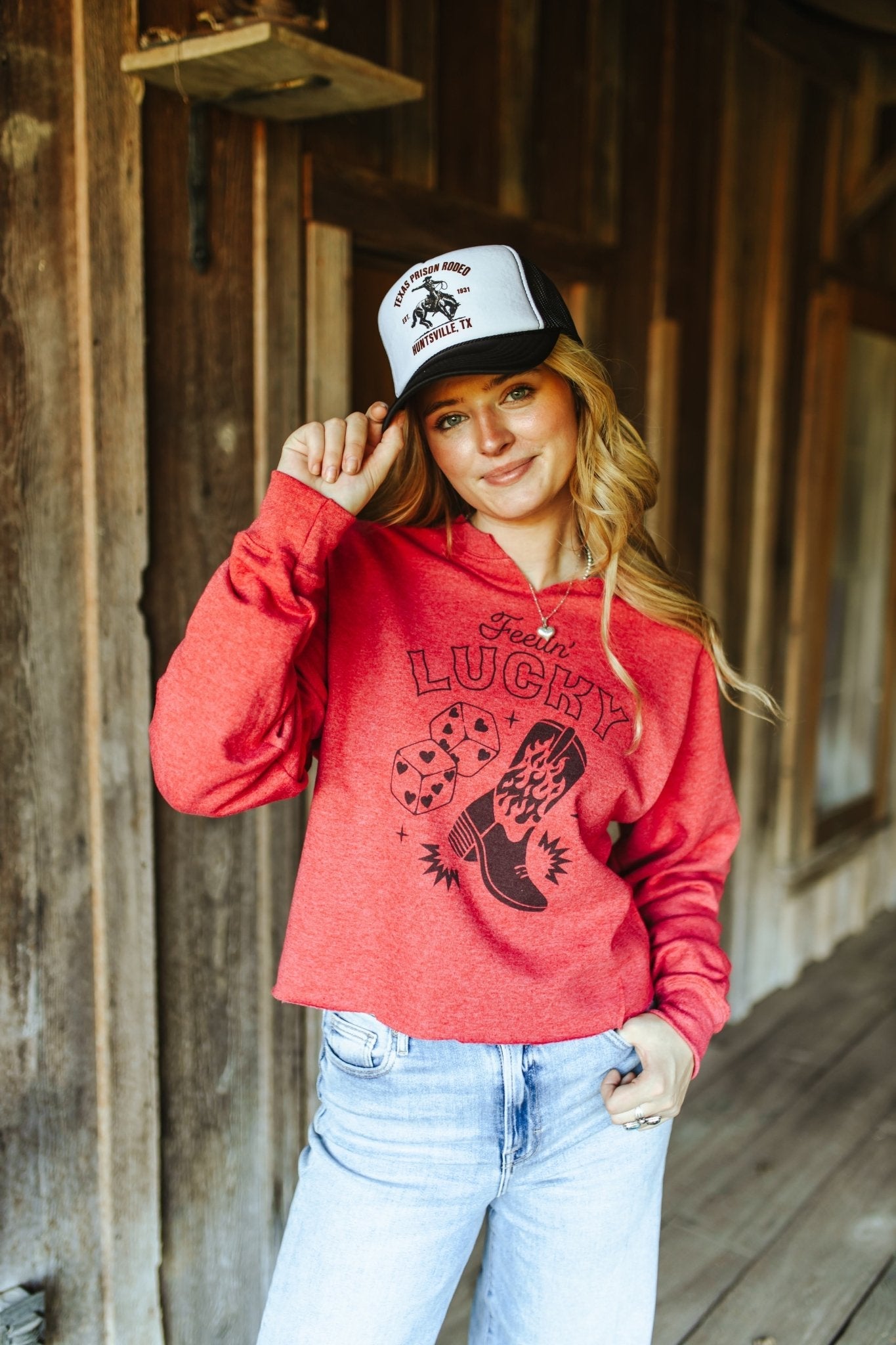 Wild Junkie Feelin' Lucky Raw Hem V-Neck Crop Graphic Sweatshirt — main product shot