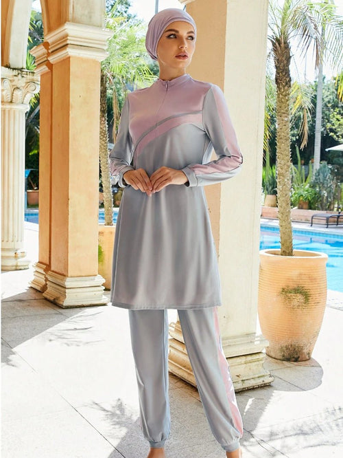 Muslim Women Swimming Suit With Headscarf & Pants, Long Sleeve Burkini Swim Suit (MB016)