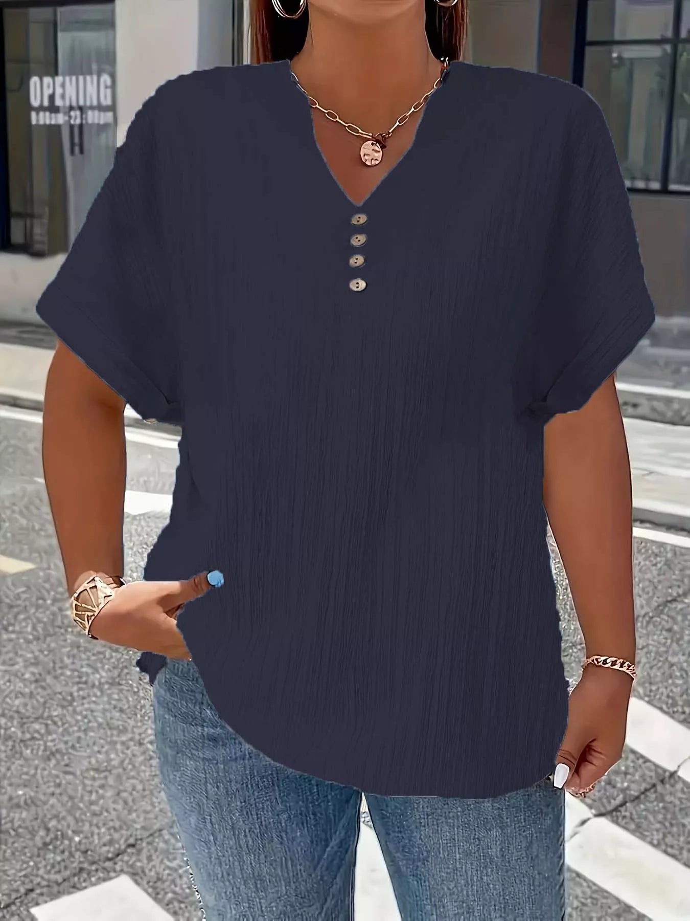 Plus Size Notched Short Sleeve Textured Top