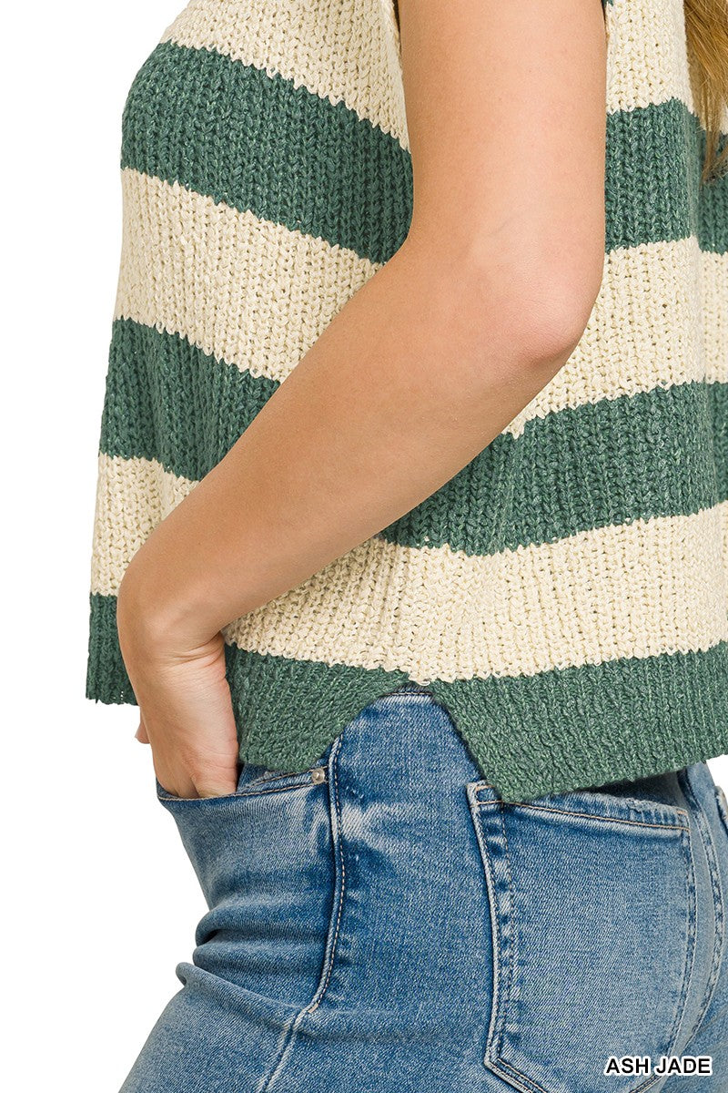 Zenana Split Neck Stripe Sleevless Sweater