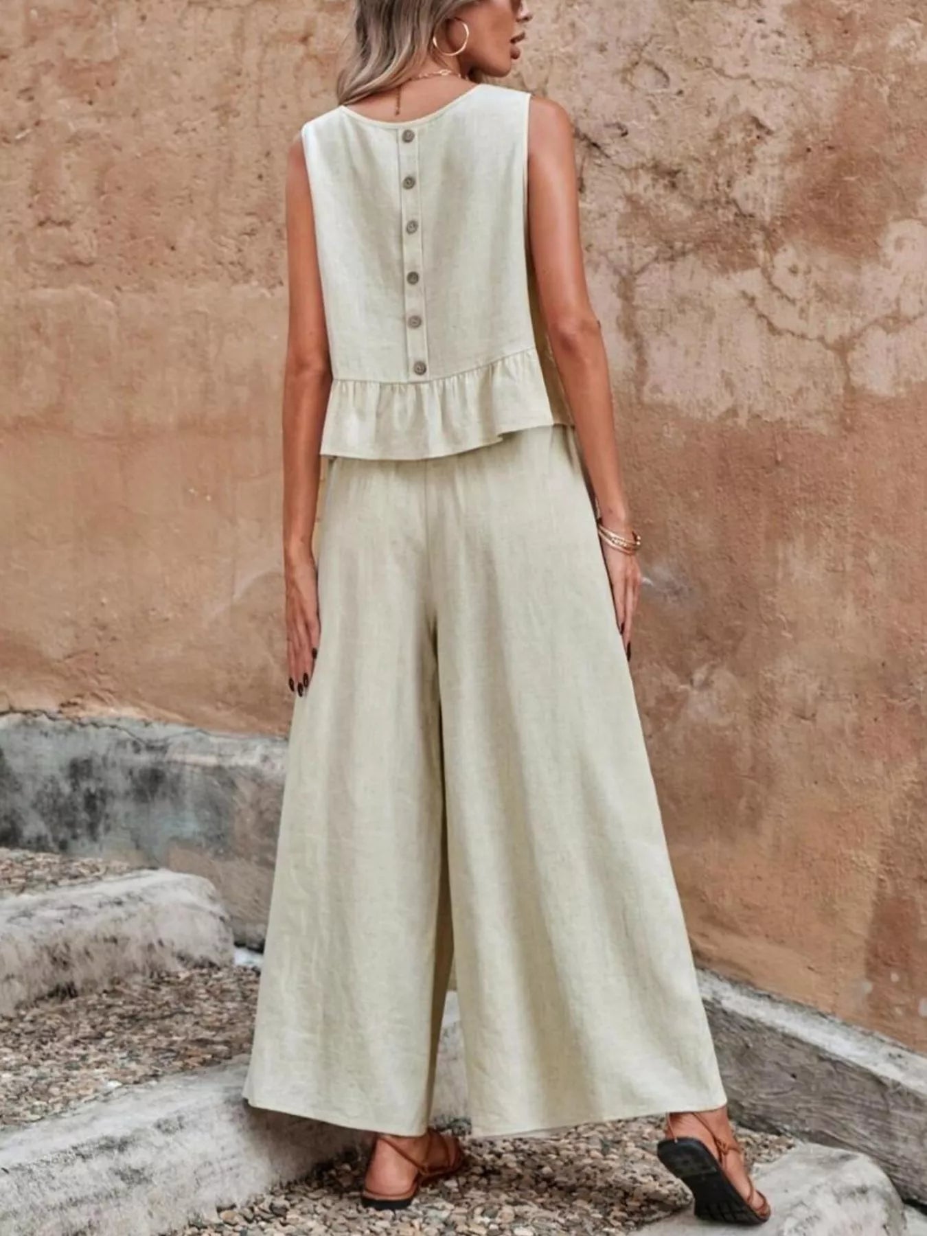 Sleeveless Ruffle Hem Top and Wide Leg Pants Two-Piece Set