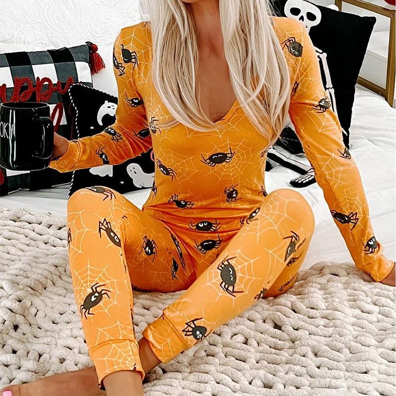 Halloween Printed Jumpsuit - Long Sleeve Home Pajamas