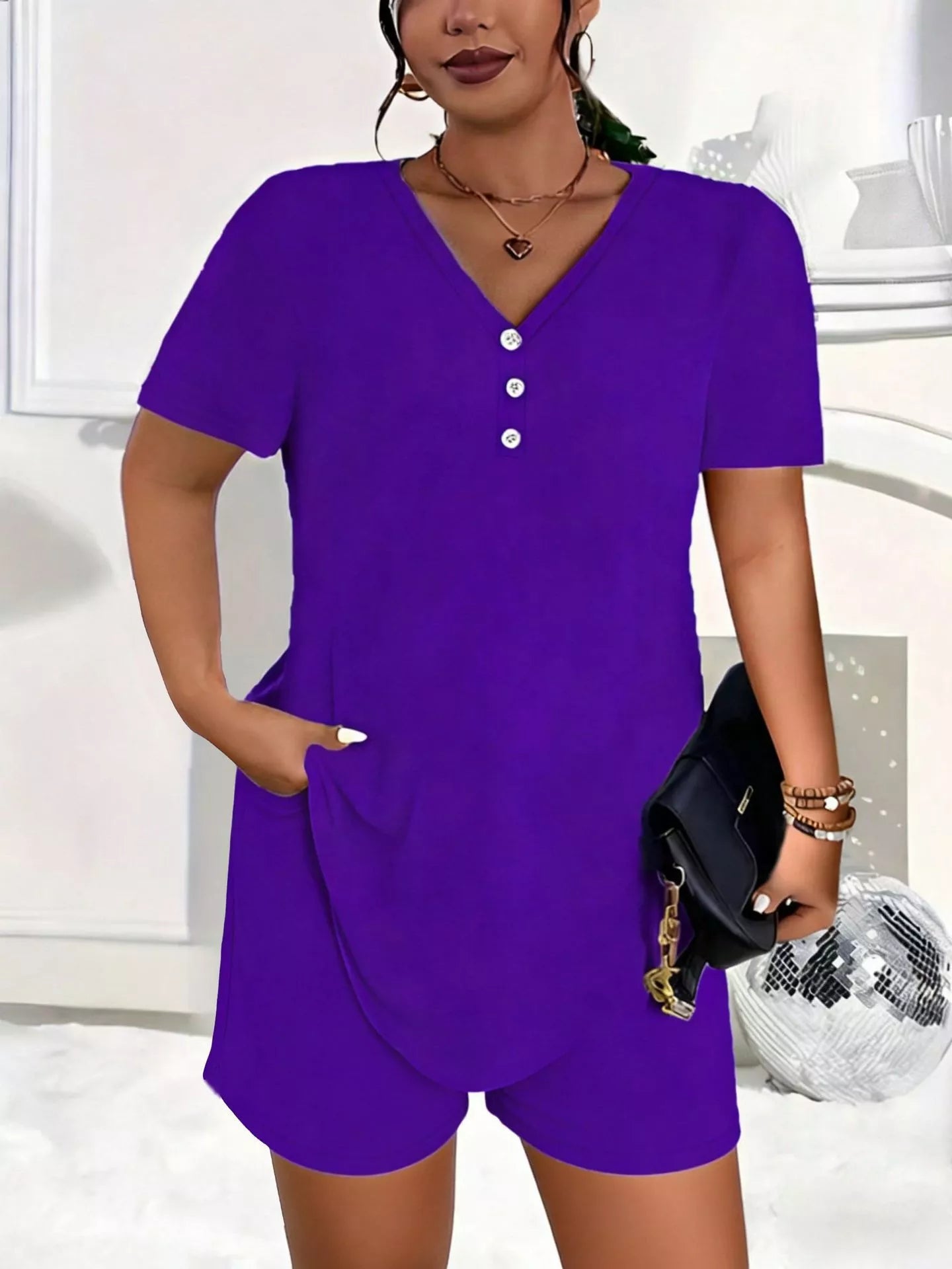 Plus Size V-Neck Short Sleeve Tee and Shorts Set