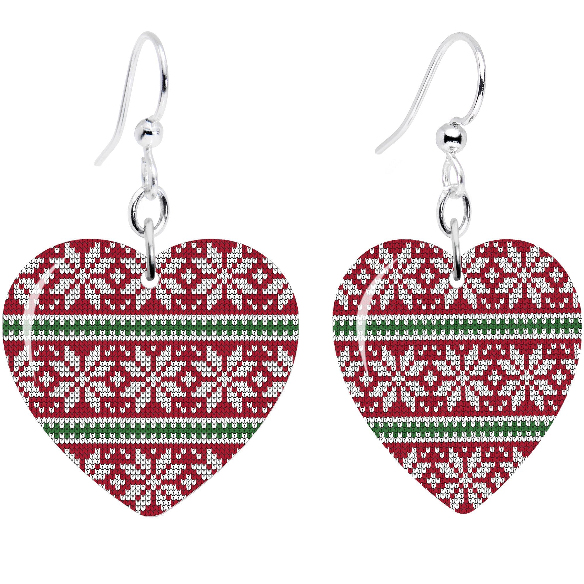 BodyCandy Red Green Christmas Sweater Heart Fishhook Dangle Earrings — main product shot
