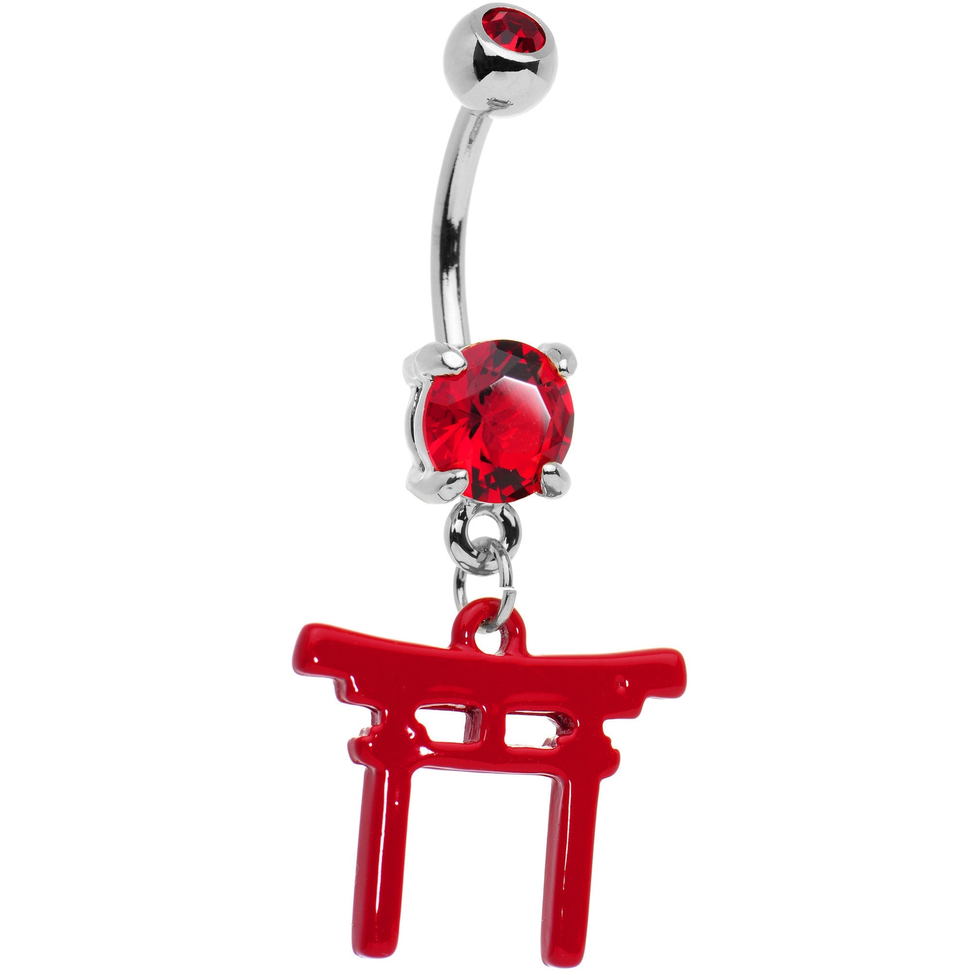 BodyCandy Red CZ Gem Gold PVD Red Japanese Gate Dangle Belly Ring — main product shot