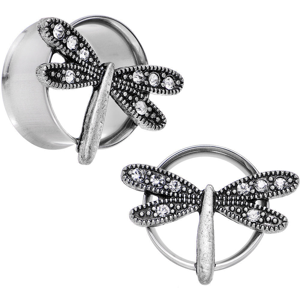 BodyCandy 20mm Clear Gem Steel Hi Sky Dragonfly Double Flare Tunnel Plug Set — main product shot