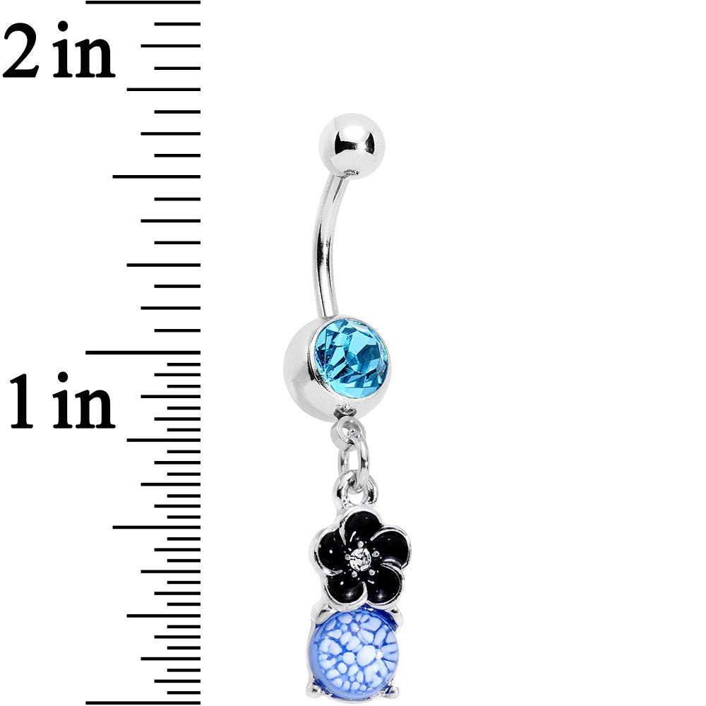 BodyCandy Aqua Gem Blue White Cracked Orb Black Garden Flower Dangle Belly Ring — detail close-up
