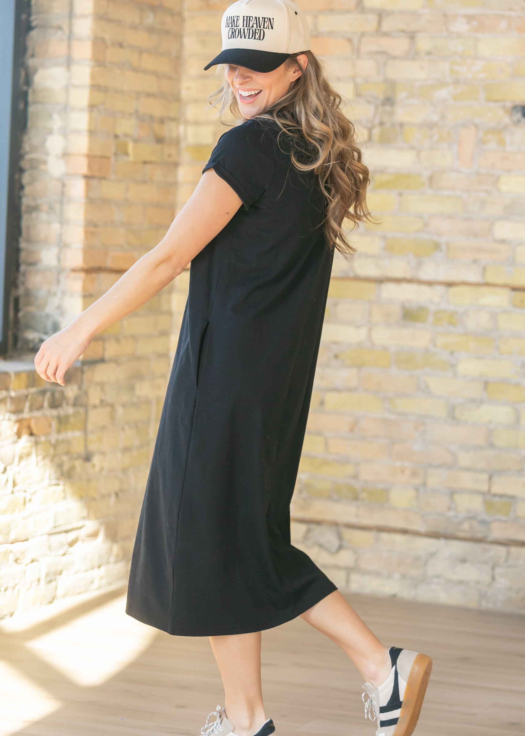 Inherit Co. Finley V-neck T-shirt Dress — in-use photo