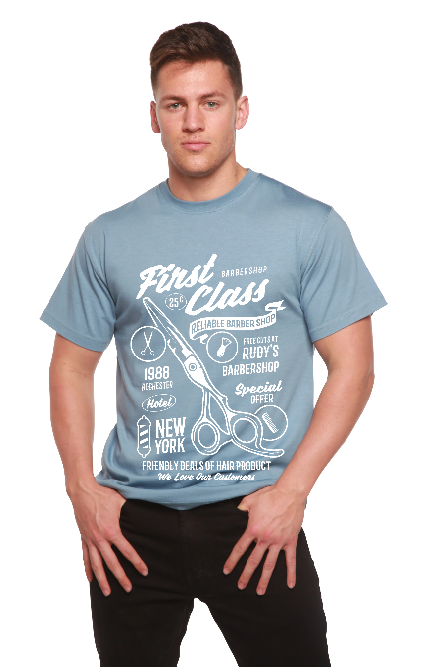 Spun Bamboo First Class Barber Men's Bamboo Viscose/Organic Cotton Short Sleeve Graphic T-Shirt — lifestyle context