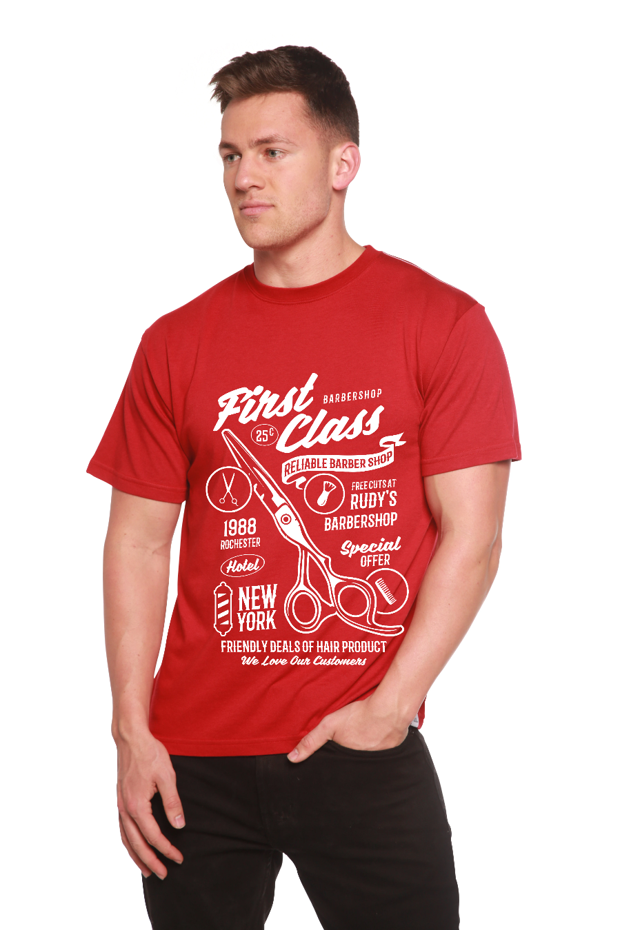 Spun Bamboo First Class Barber Men's Bamboo Viscose/Organic Cotton Short Sleeve Graphic T-Shirt — size reference